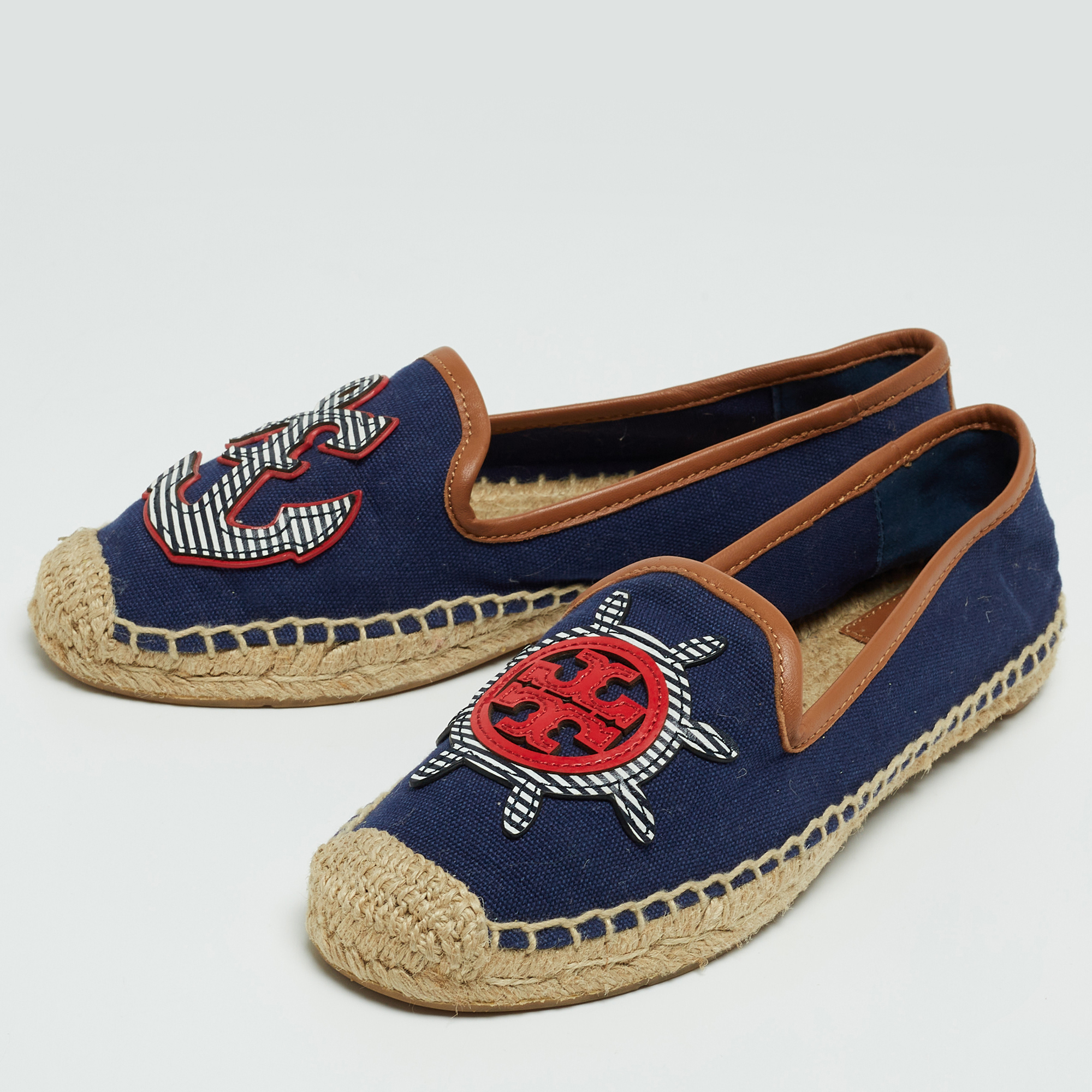 

Tory Burch Navy Blue Canvas And Leather Espadrilles Flats Size