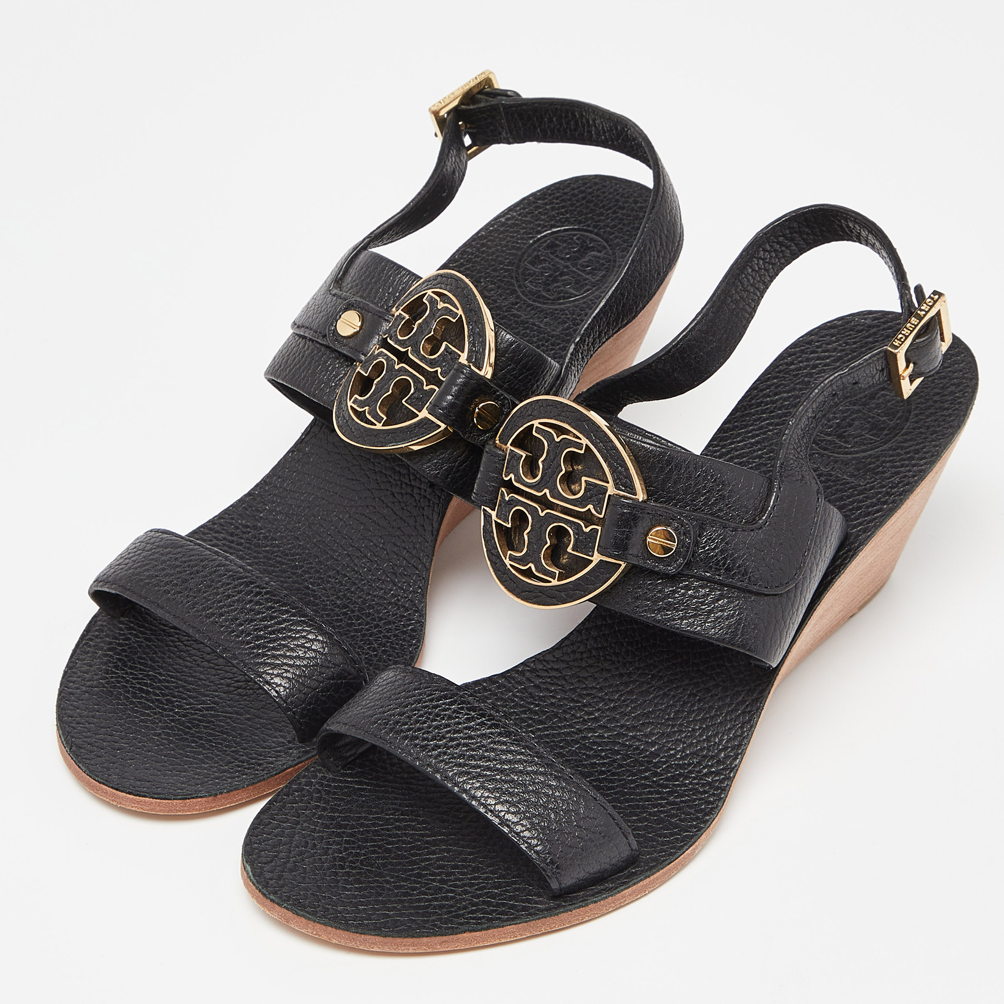 

Tory Burch Black Leather Wedge Slingback Sandals Size