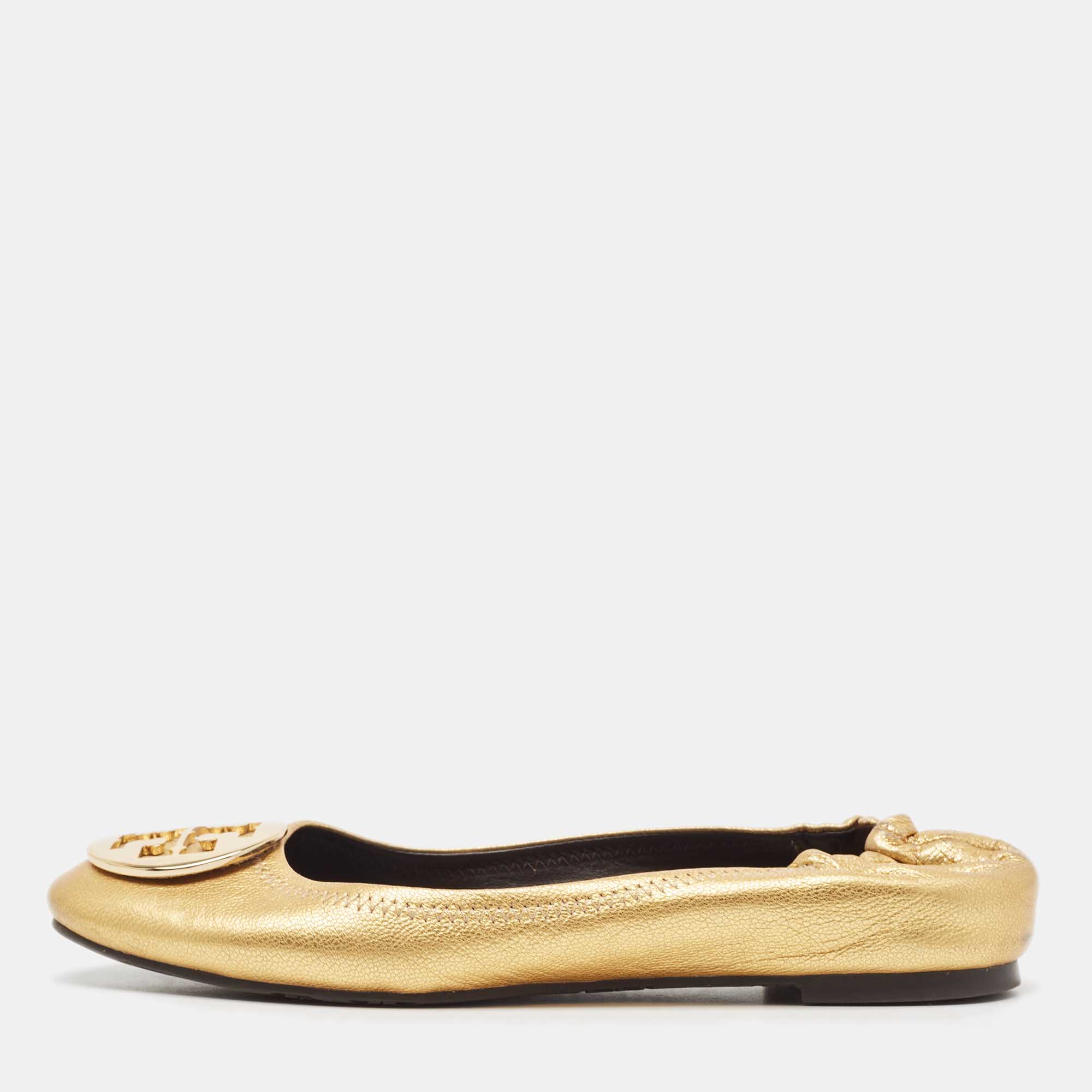 

Tory Burch Gold Leather Reva Scrunch Ballet Flats Size