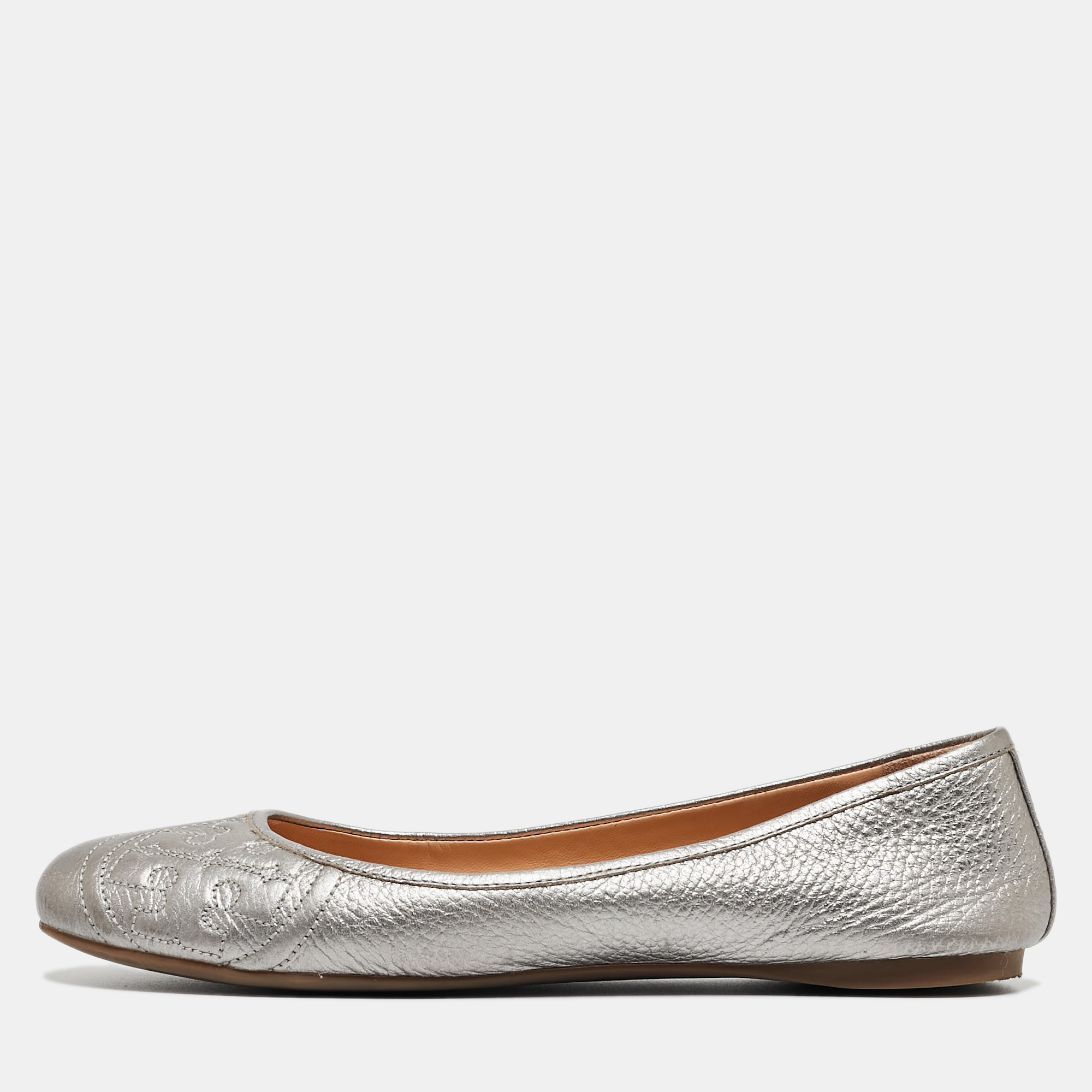 

Tory Burch Silver Leather Lowell Ballet Flats Size 38, Metallic