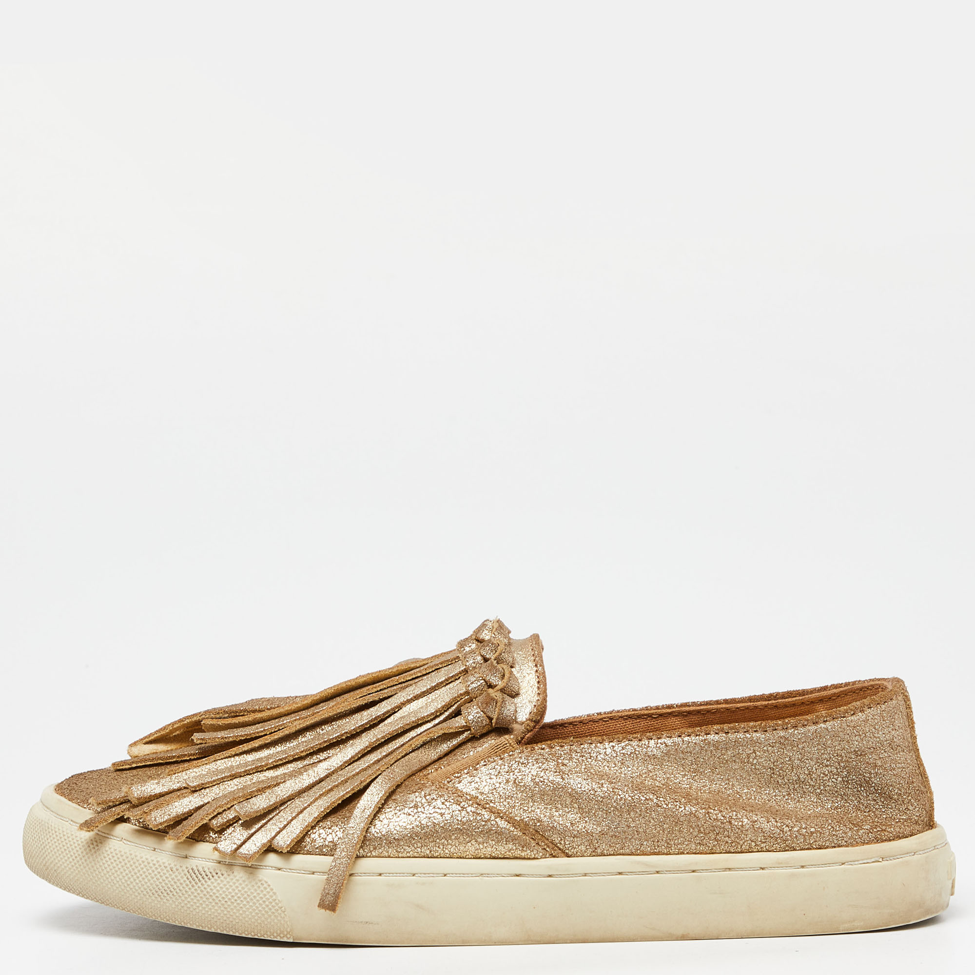 

Tory Burch Gold Textured Suede Fringe Detail Slip On Sneakers Size