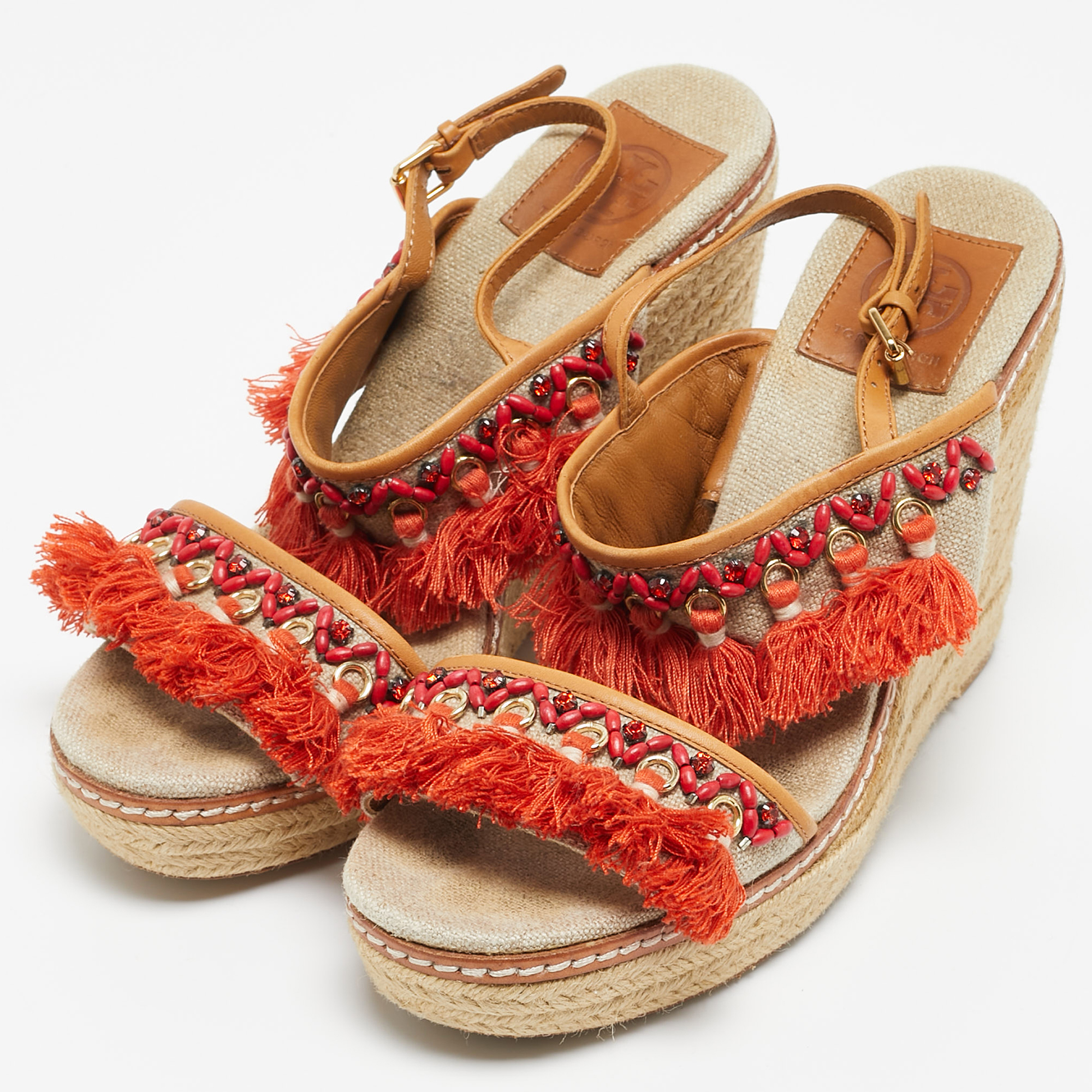 

Tory Burch Beige/Orange Canvas and Leather Niyah Espadrille Wedge Sandals Size