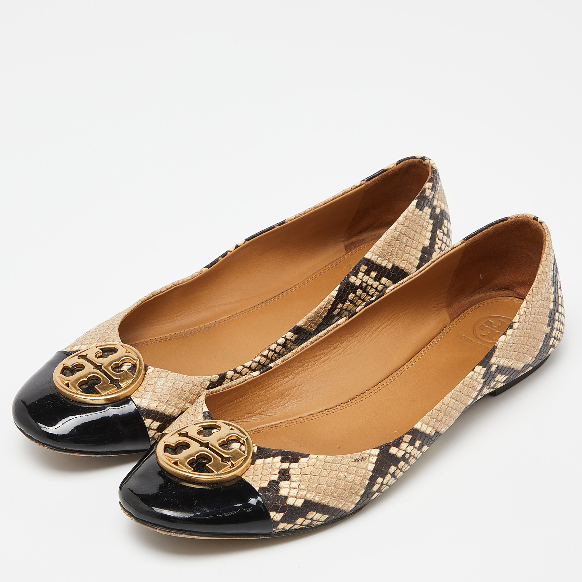 

Tory Burch Beige/Brown Python Embossed Leather and Patent Leather Chelsea Ballet Flats Size