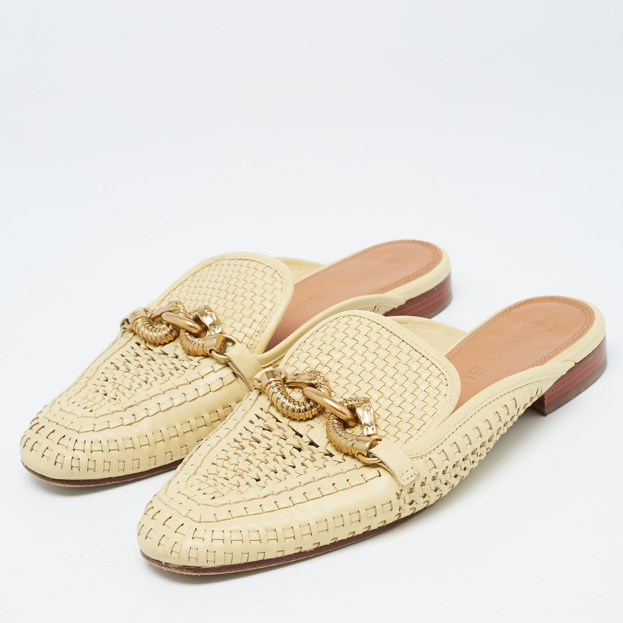 

Tory Burch Yellow Woven Leather Loafer Mules Size