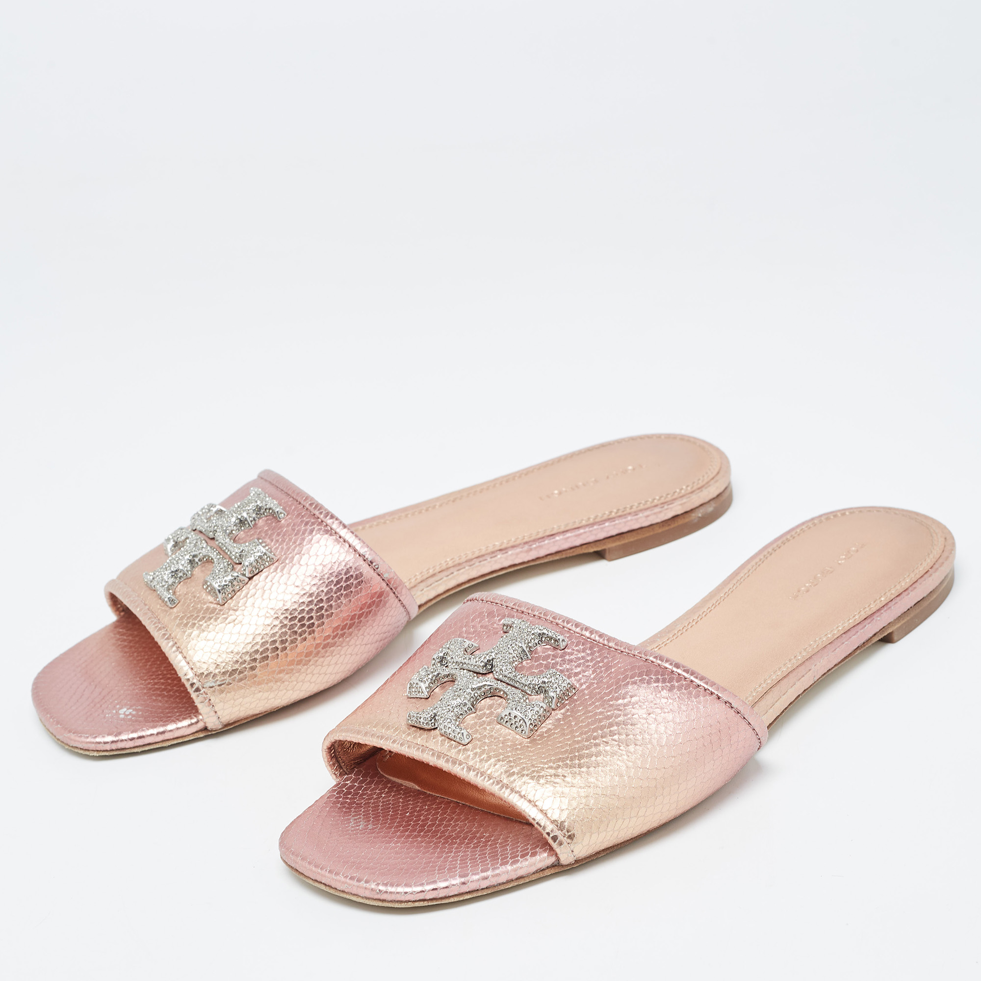 

Tory Burch Rose Gold Python Embossed Leather Ines Flat Slides Size, Metallic