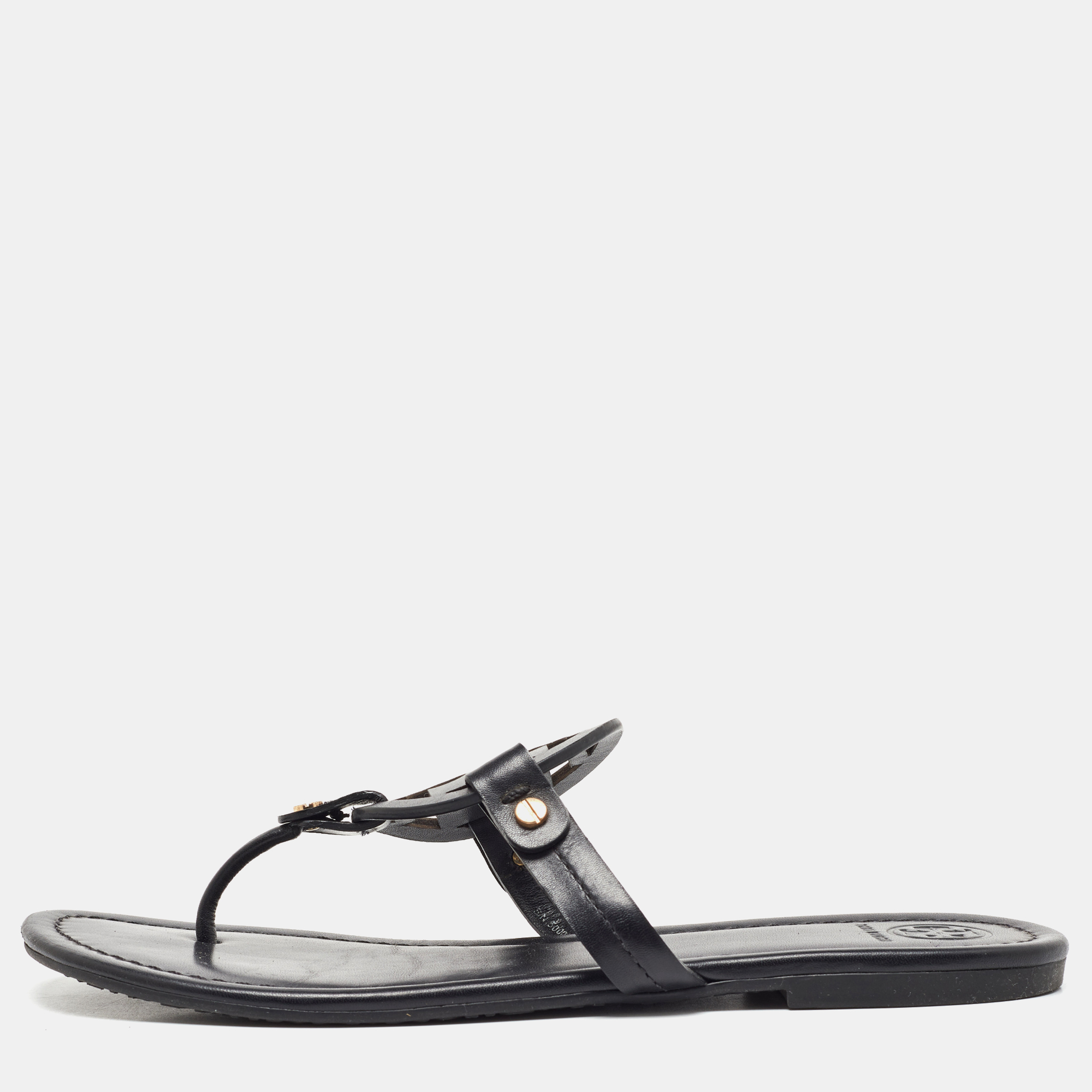 Pre-owned Tory Burch Black Leather Miller Flat Thong Sandals Size 39.5