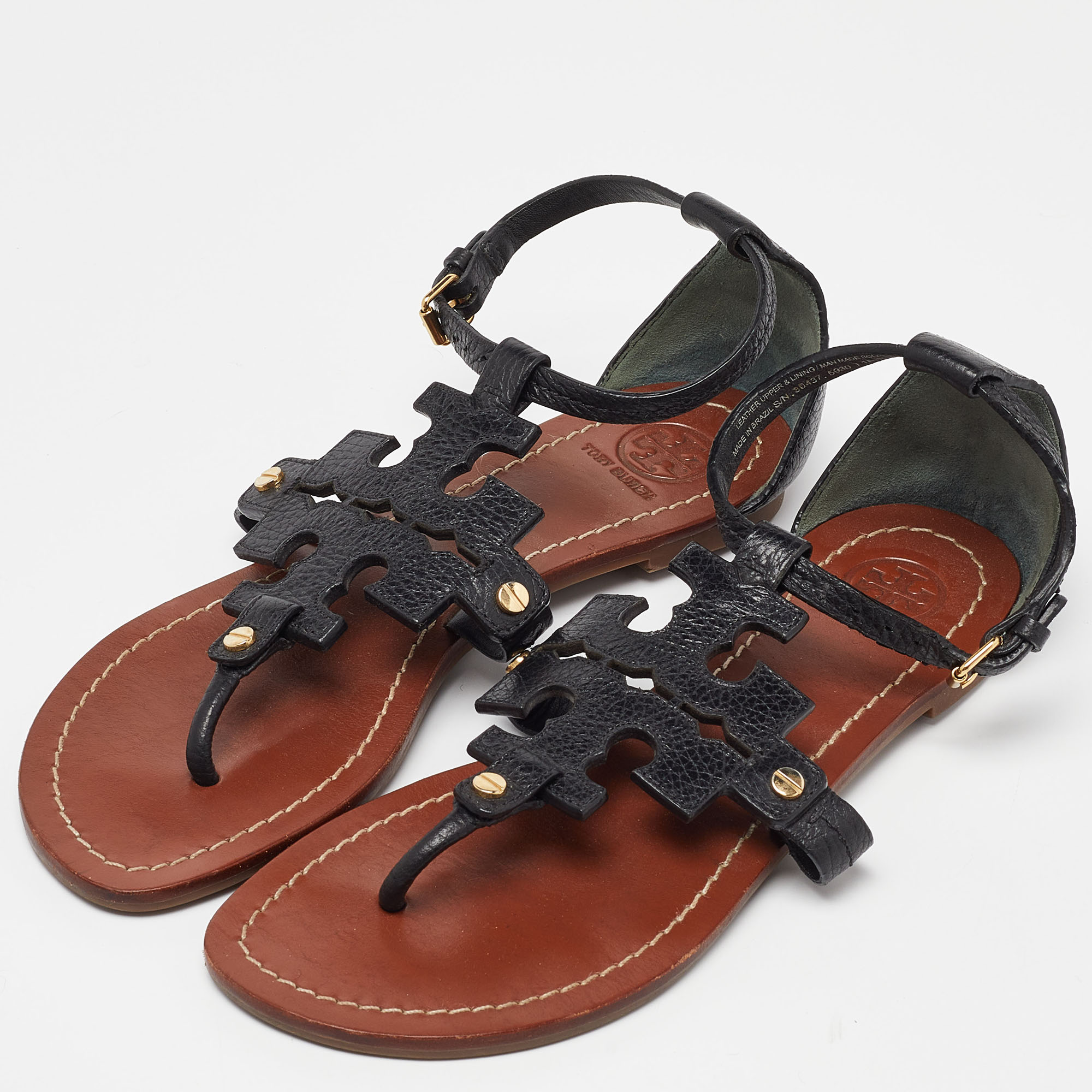 

Tory Burch Black Leather Phoebe Flat Sandals Size