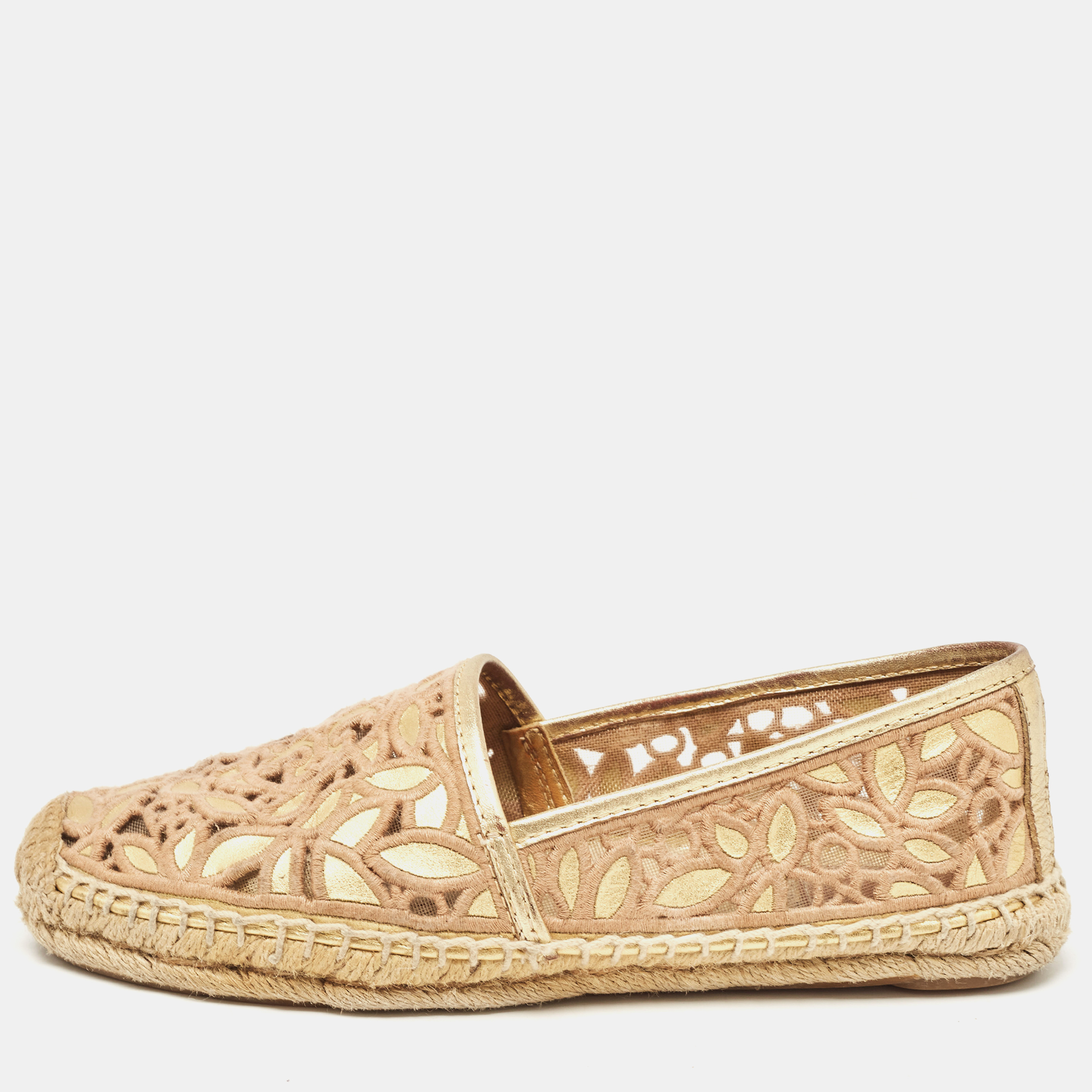 

Tory Burch Beige/Gold Lace and Leather Espadrille Flats Size 37