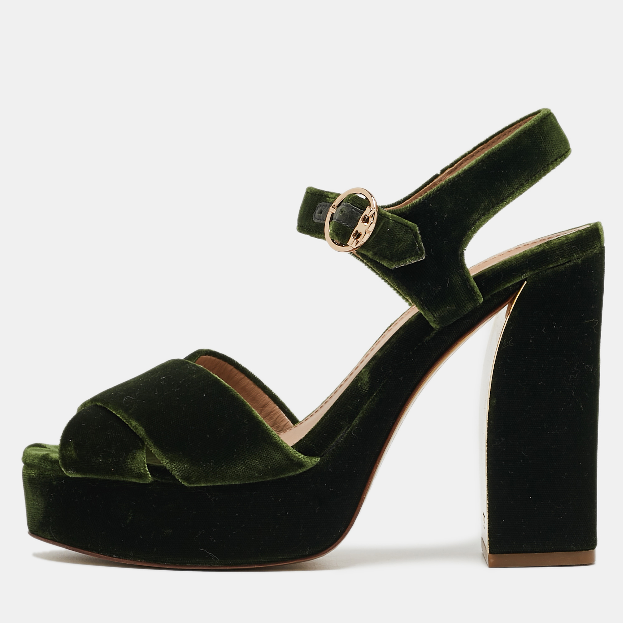 Pre-owned Tory Burch Dark Green Velvet Loretta Ankle Strap Sandals Size 38.5