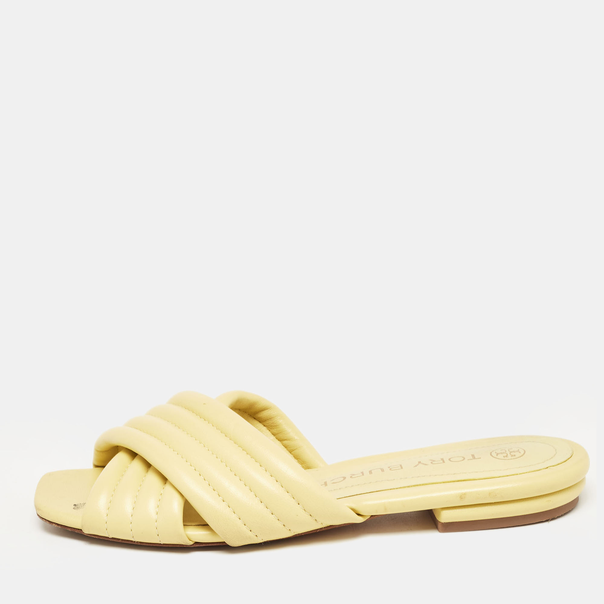 

Tory Burch Yellow Quilted Leather Kira Flat Slides Size