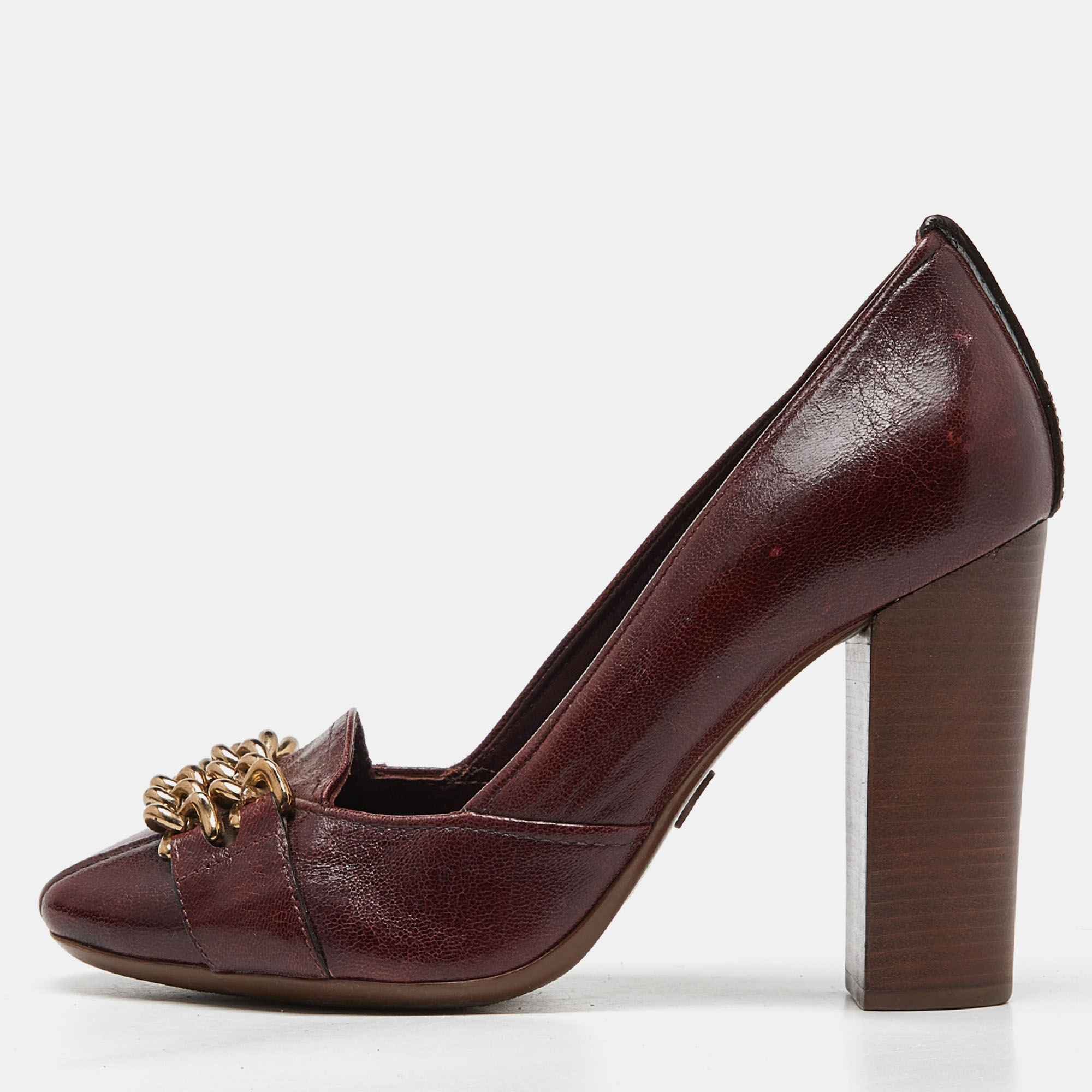 

Tory Burch Burgundy Leather Chain Detail Block Heel Pumps Size