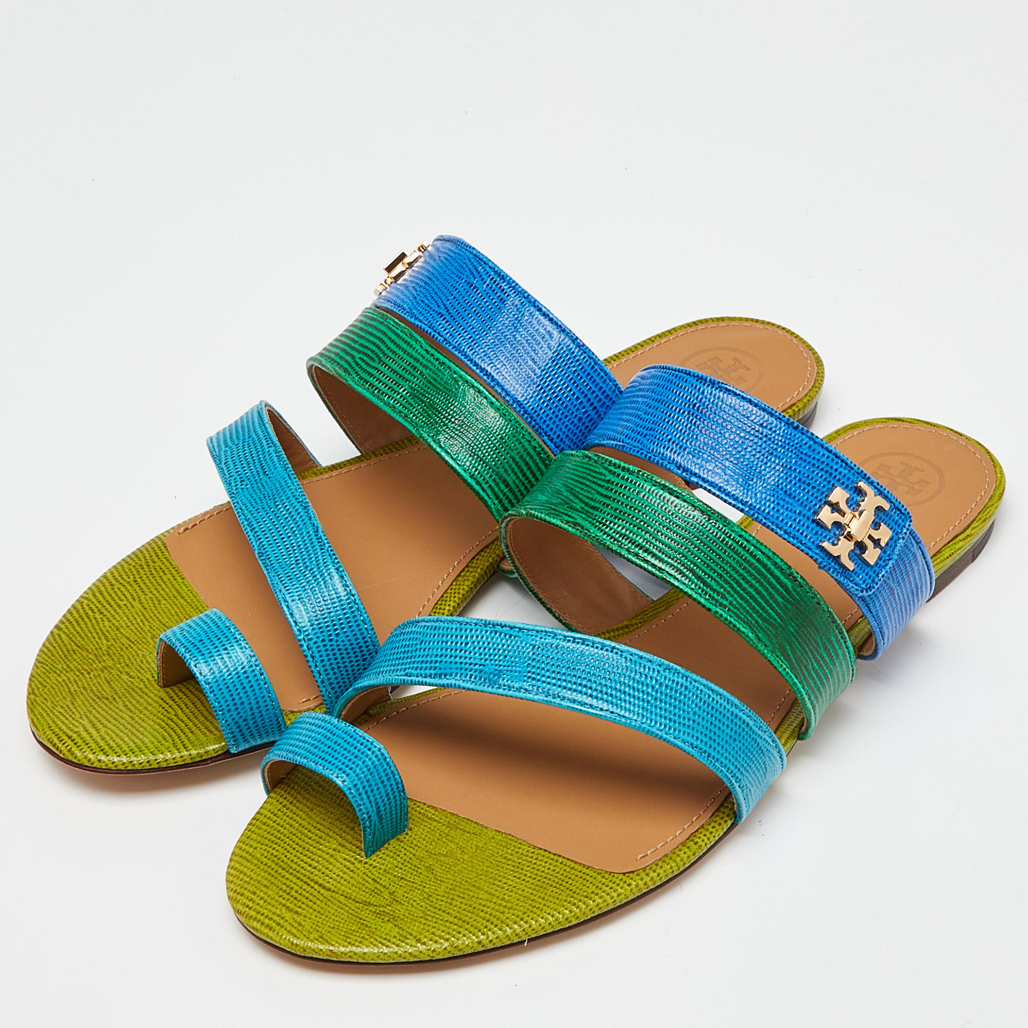 

Tory Burch Multicolor Lizard Embossed Leather Toe Ring Flat Sandals Size