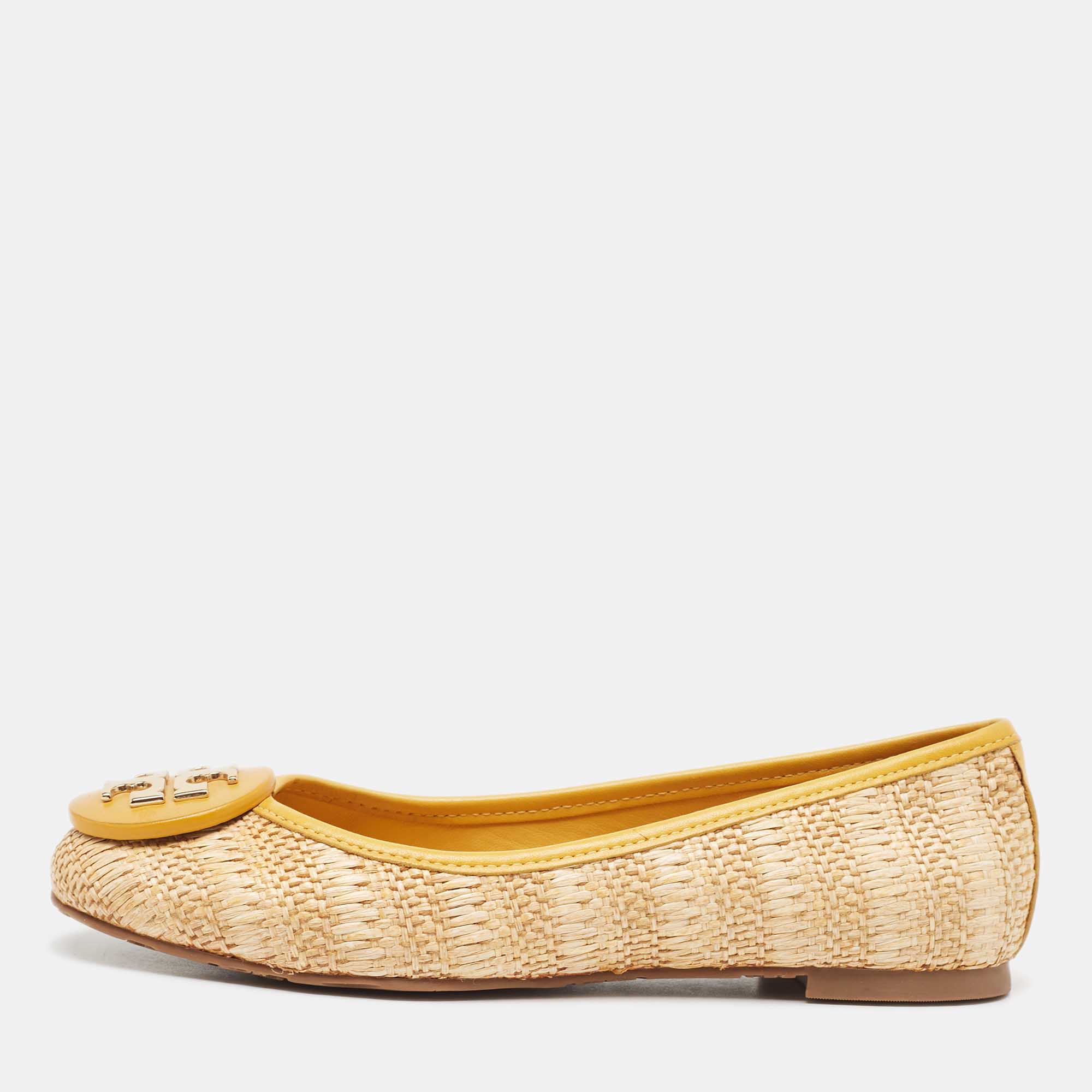 

Tory Burch Beige/Yellow Raffia and Leather Reva Ballet Flats Size