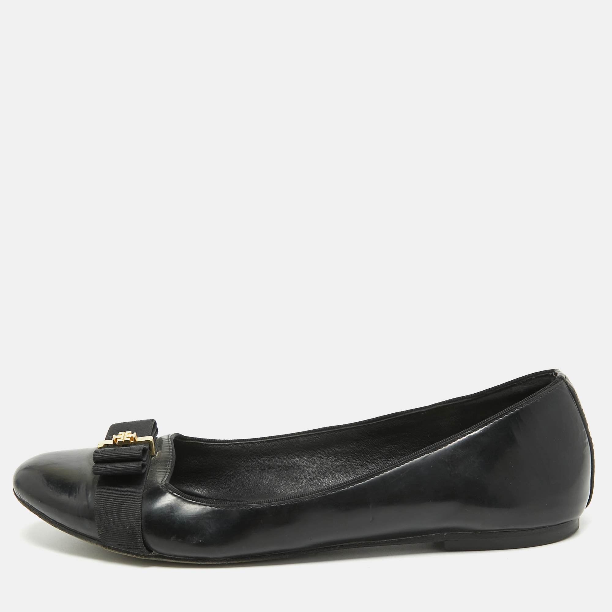 Pre-owned Tory Burch Black Patent Leather Bow Ballet Flats Size 39