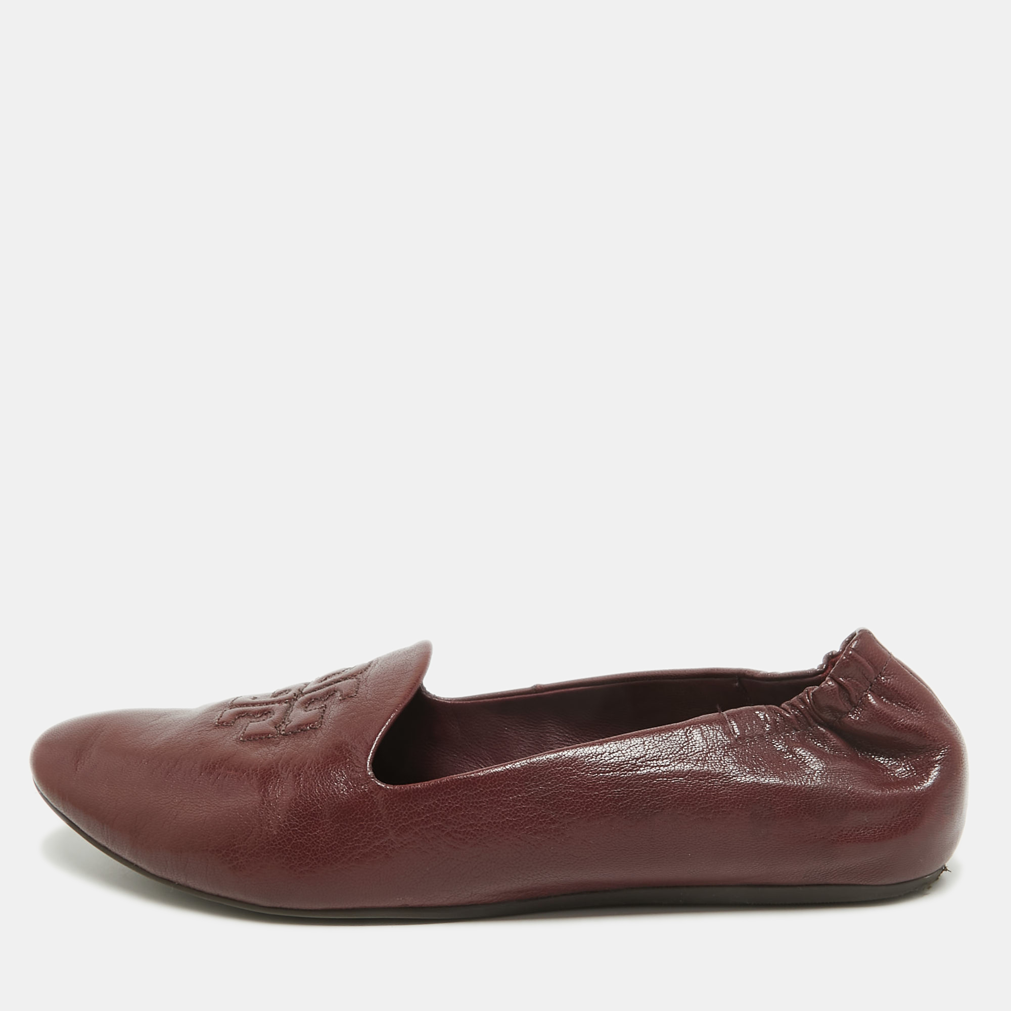 Pre-owned Tory Burch Burgundy Leather Scrunch Reva Ballet Flats Size 38