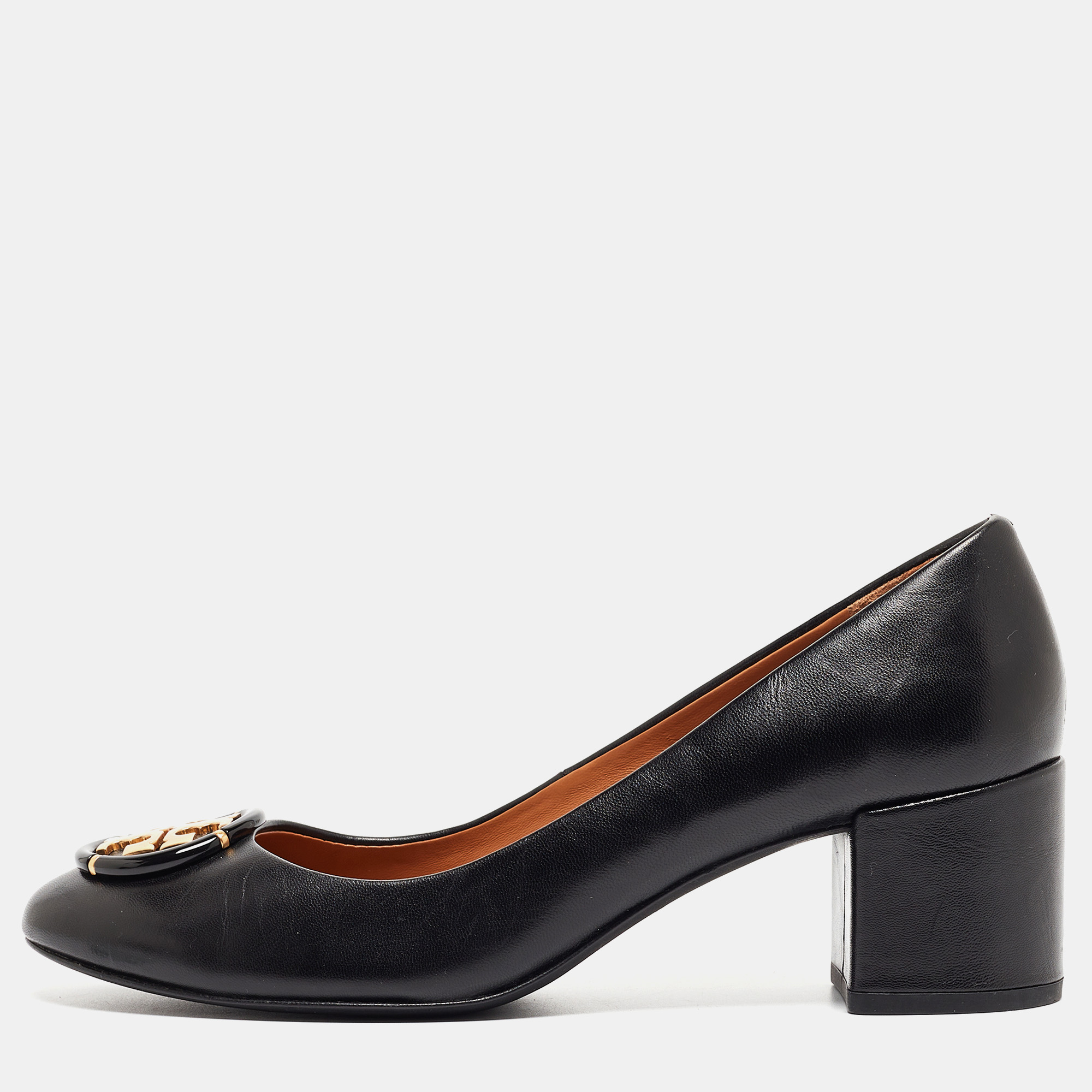 Pre Owned Tory Burch Black Leather Janey Block Heel Pumps Size 38.5