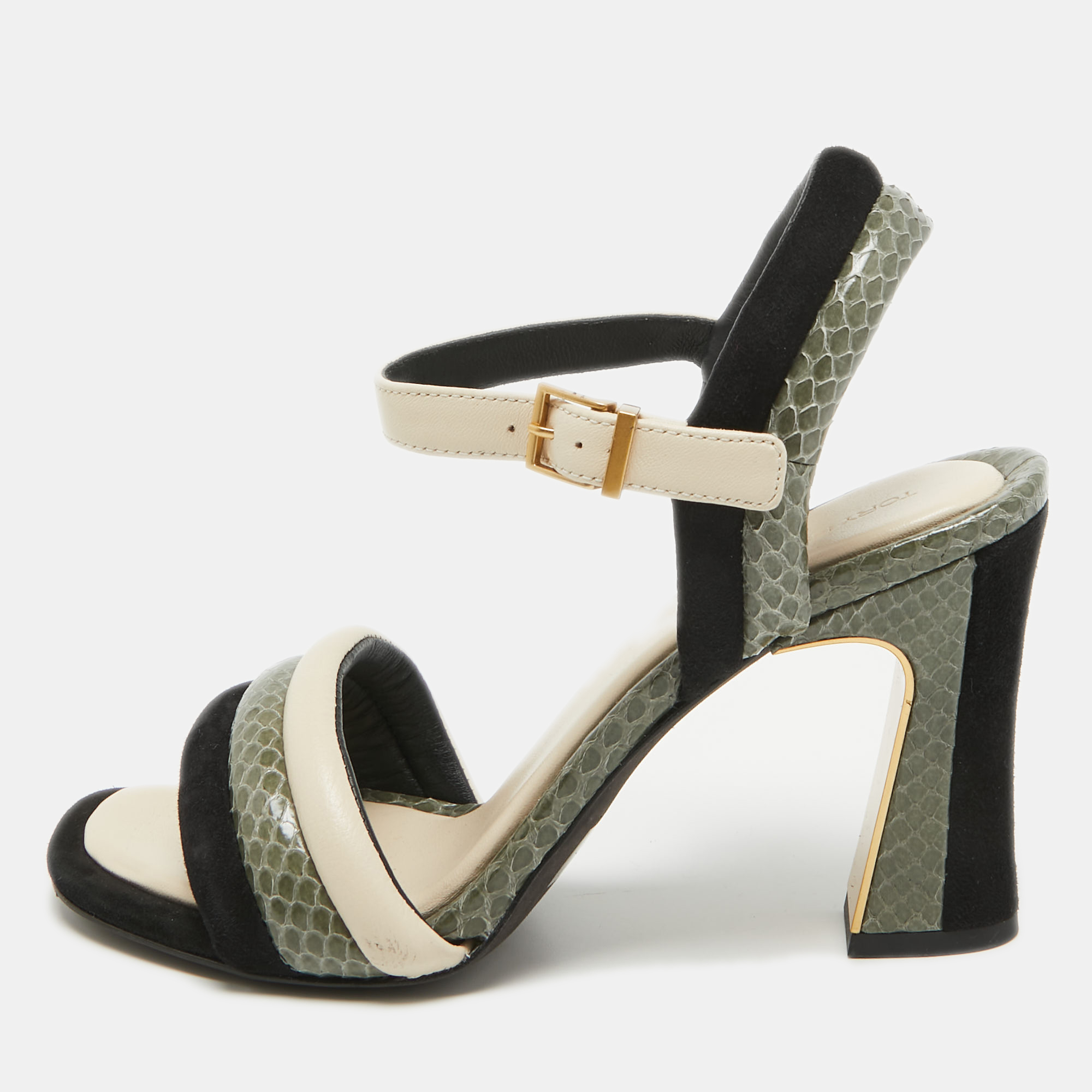 Pre-owned Tory Burch Tricolor Suede And Embossed Snakeskin Puffed Up Sandals Size 37.5 In Black