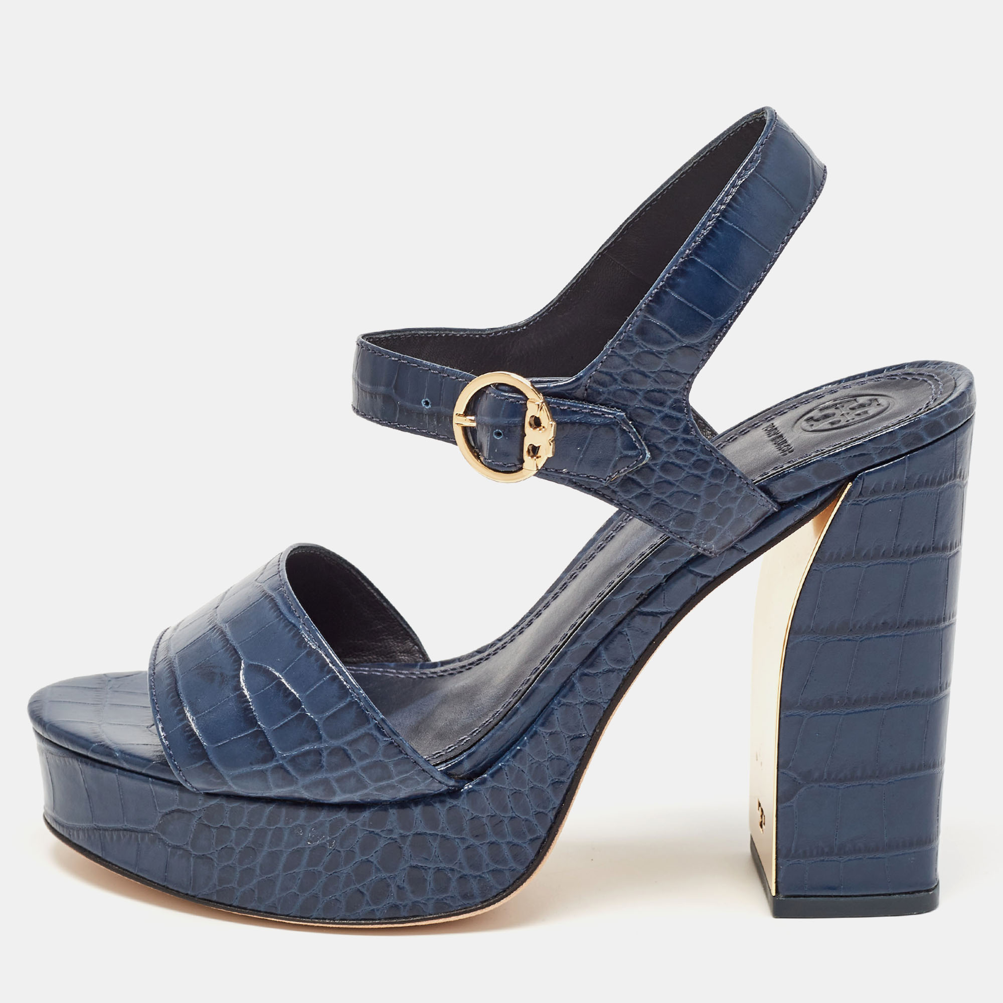 

Tory Burch Navy Blue Croc Embossed Leather Martine Platform Sandals Size