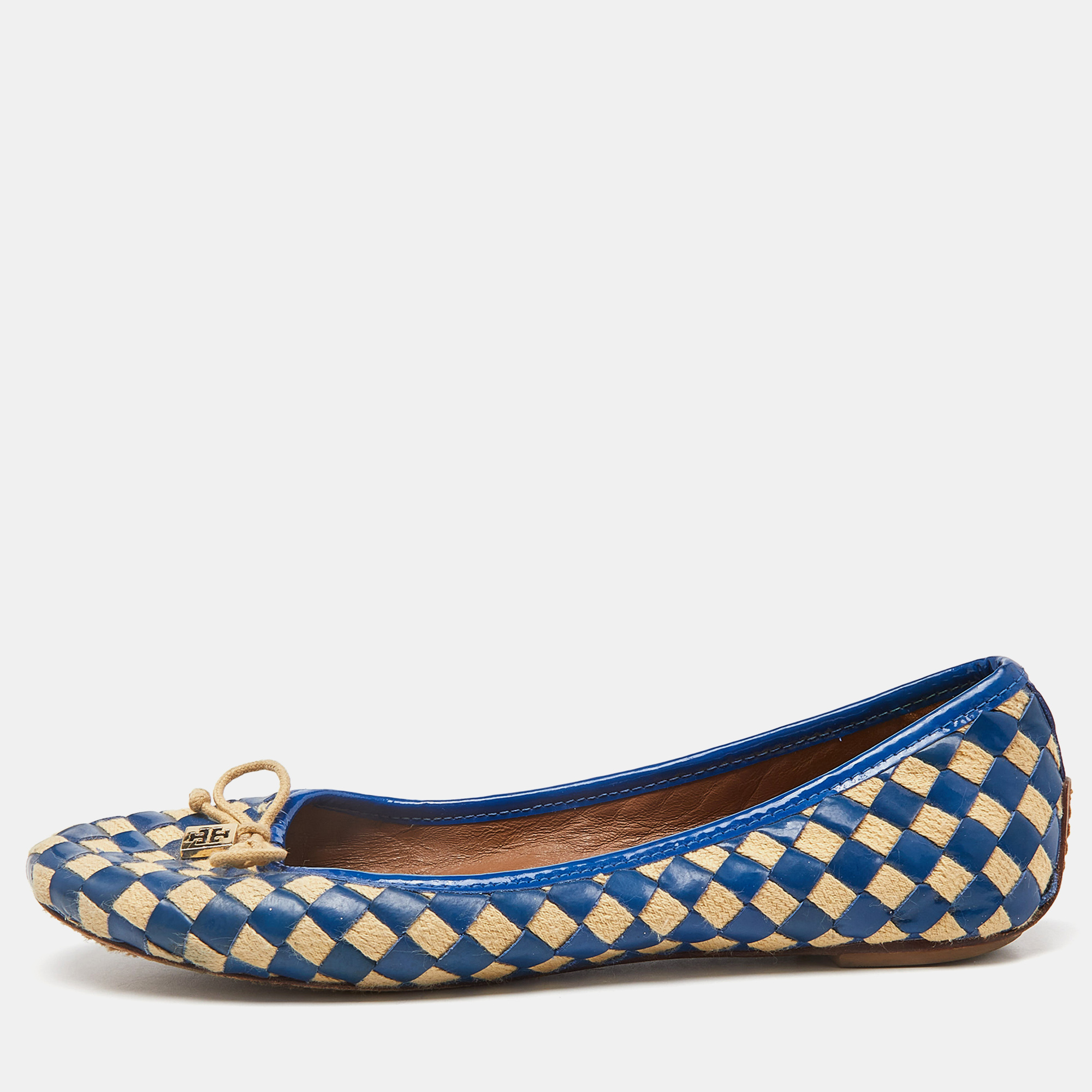 Pre-owned Tory Burch Blue/beige Patent Leather And Woven Fabric Ballet Flats Size 37.5