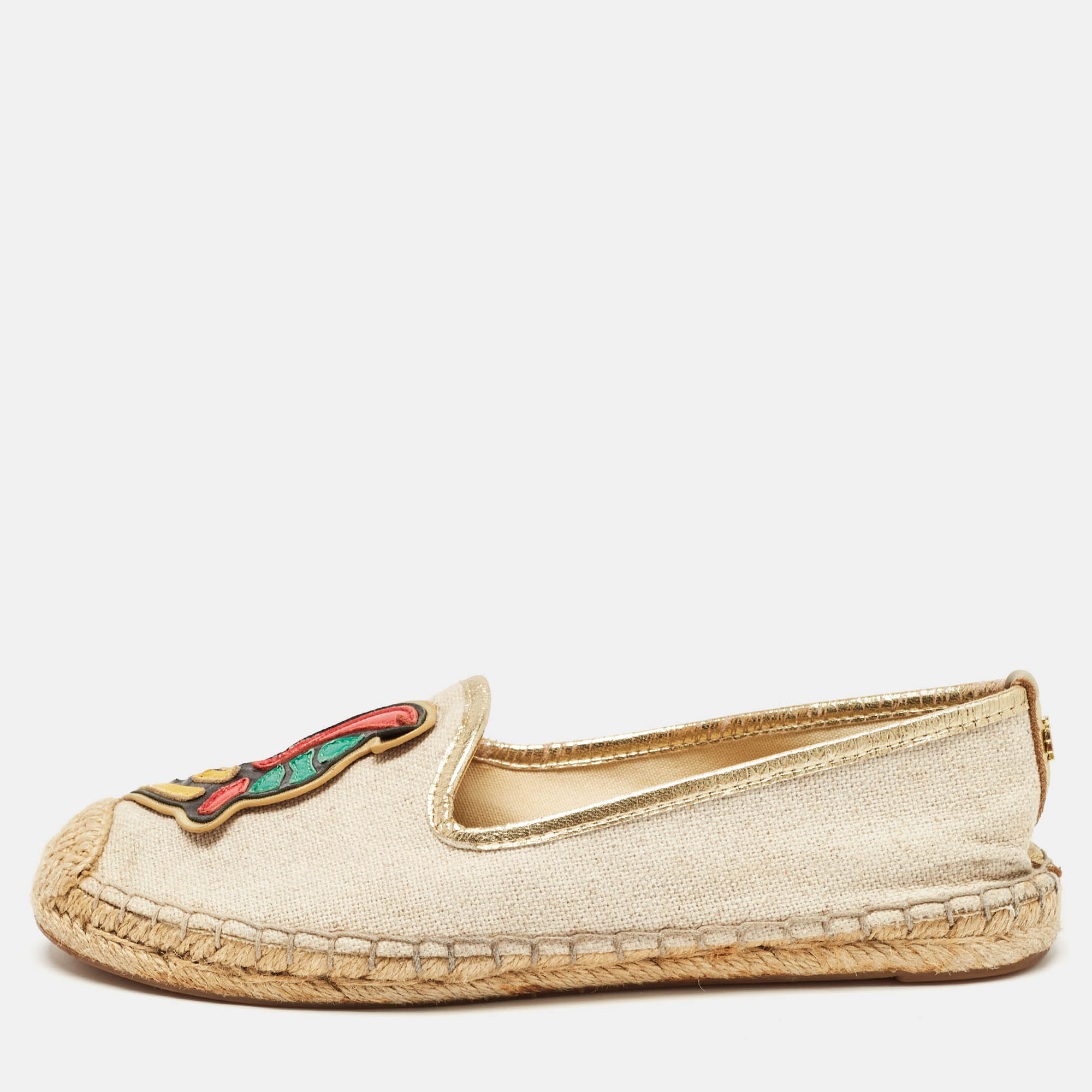 

Tory Burch Beige/Gold Canvas and Leather Trim Slip On Espadrille Flats Size