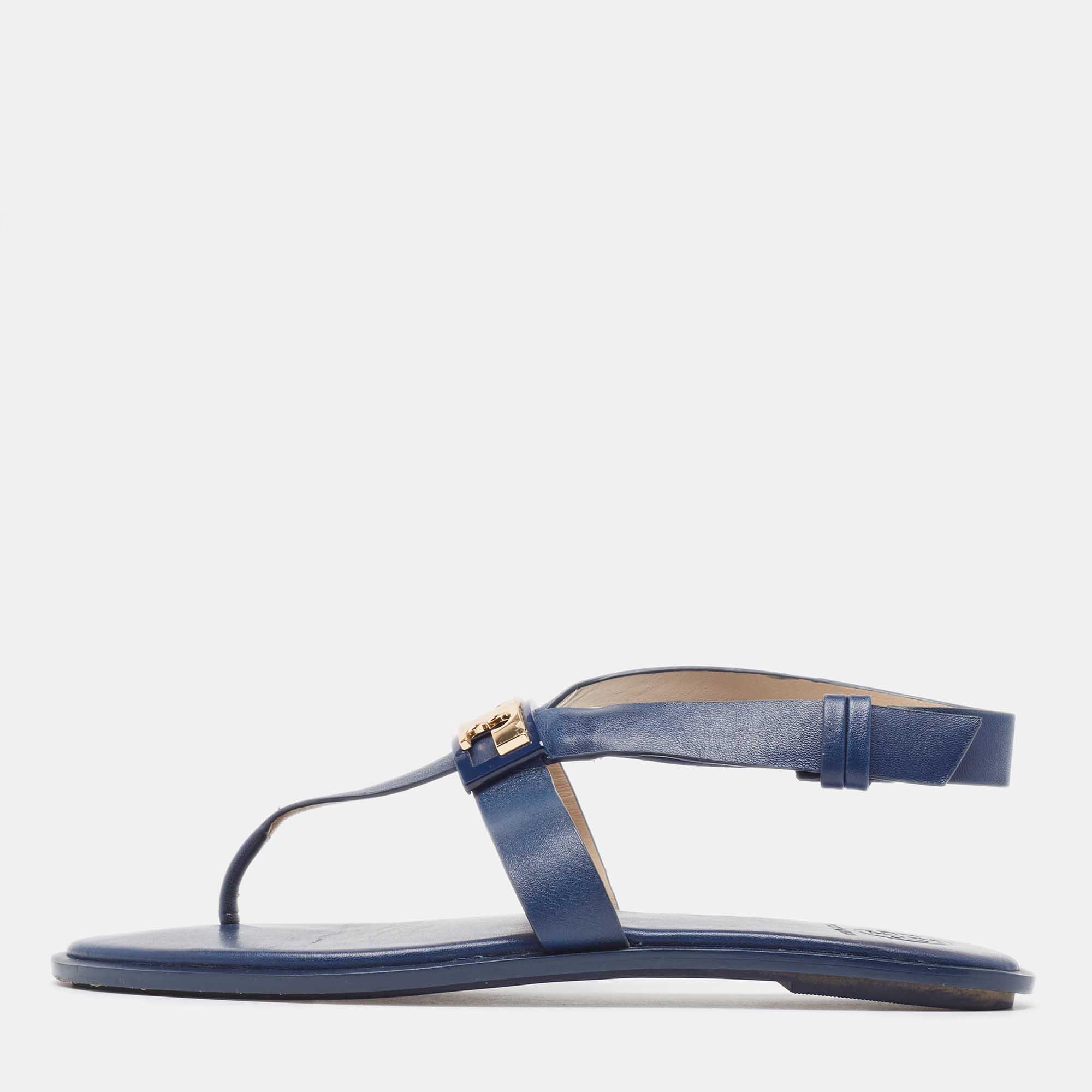 

Tory Burch Blue Leather Gigi Thong Ankle Strap Flat Sandals Size 38
