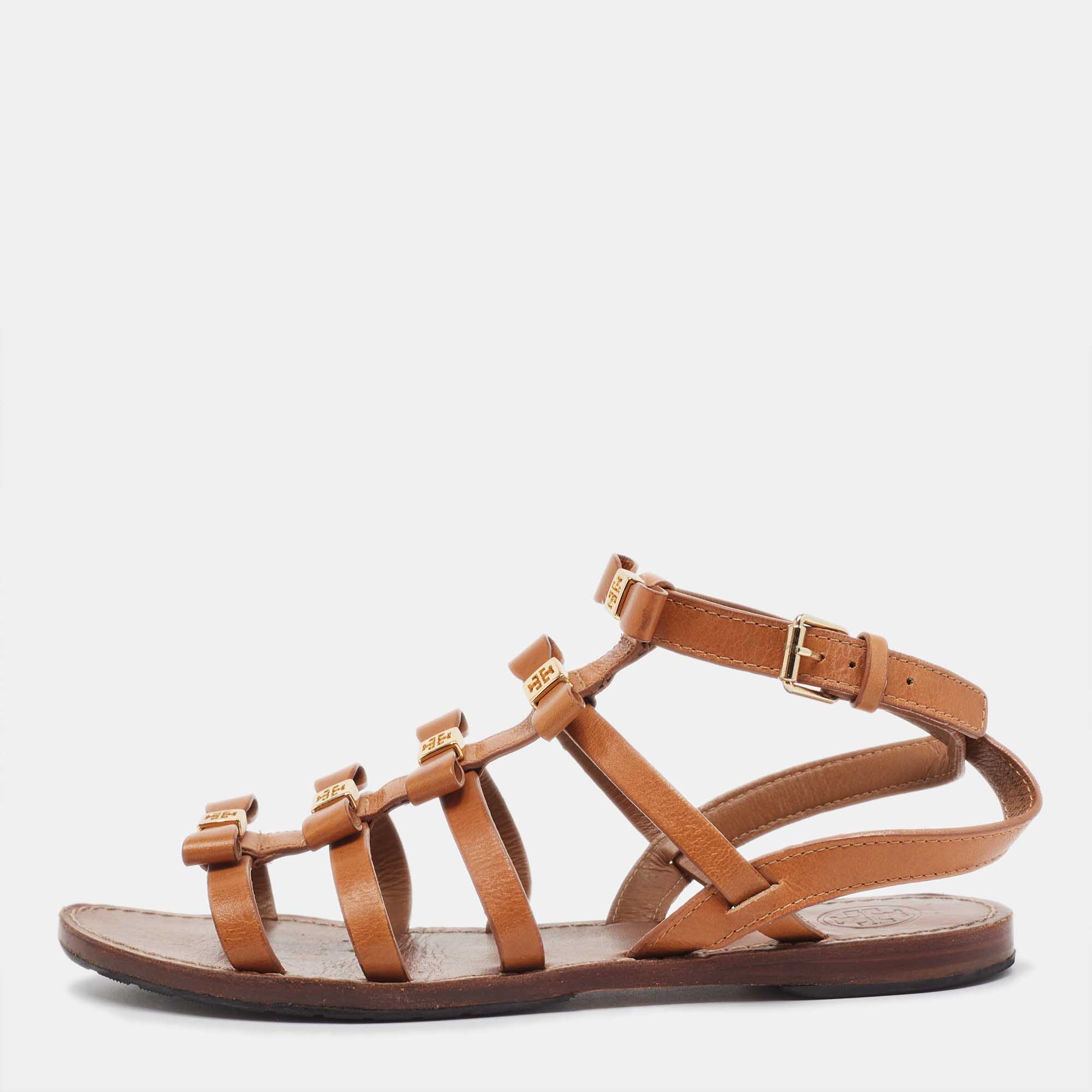 Pre-owned Tory Burch Tan Leather Kira Bow Flat Sandals Size 37