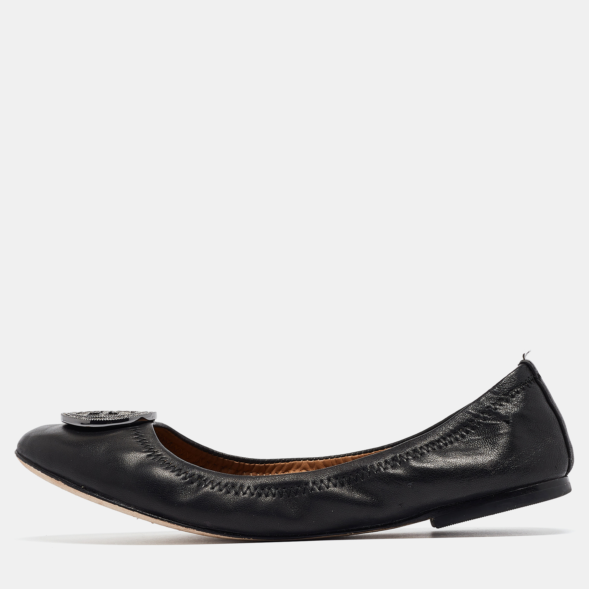 Pre-owned Tory Burch Black Leather Scrunch Ballet Flats Size 38