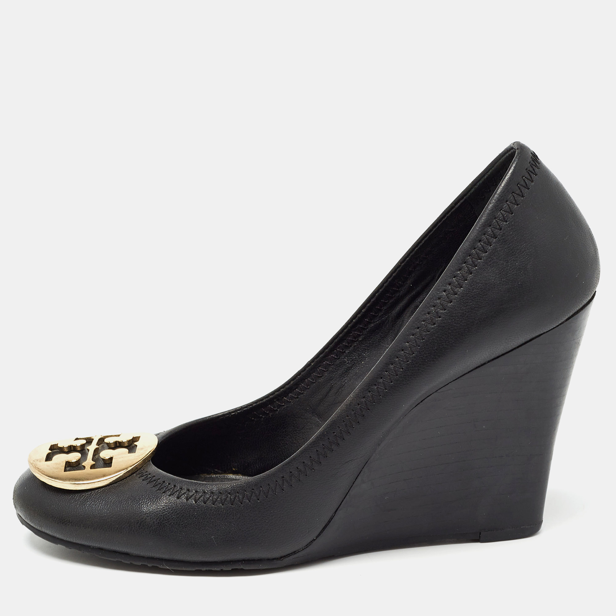 

Tory Burch Black Leather Sally Wedge Pumps Size 37.5