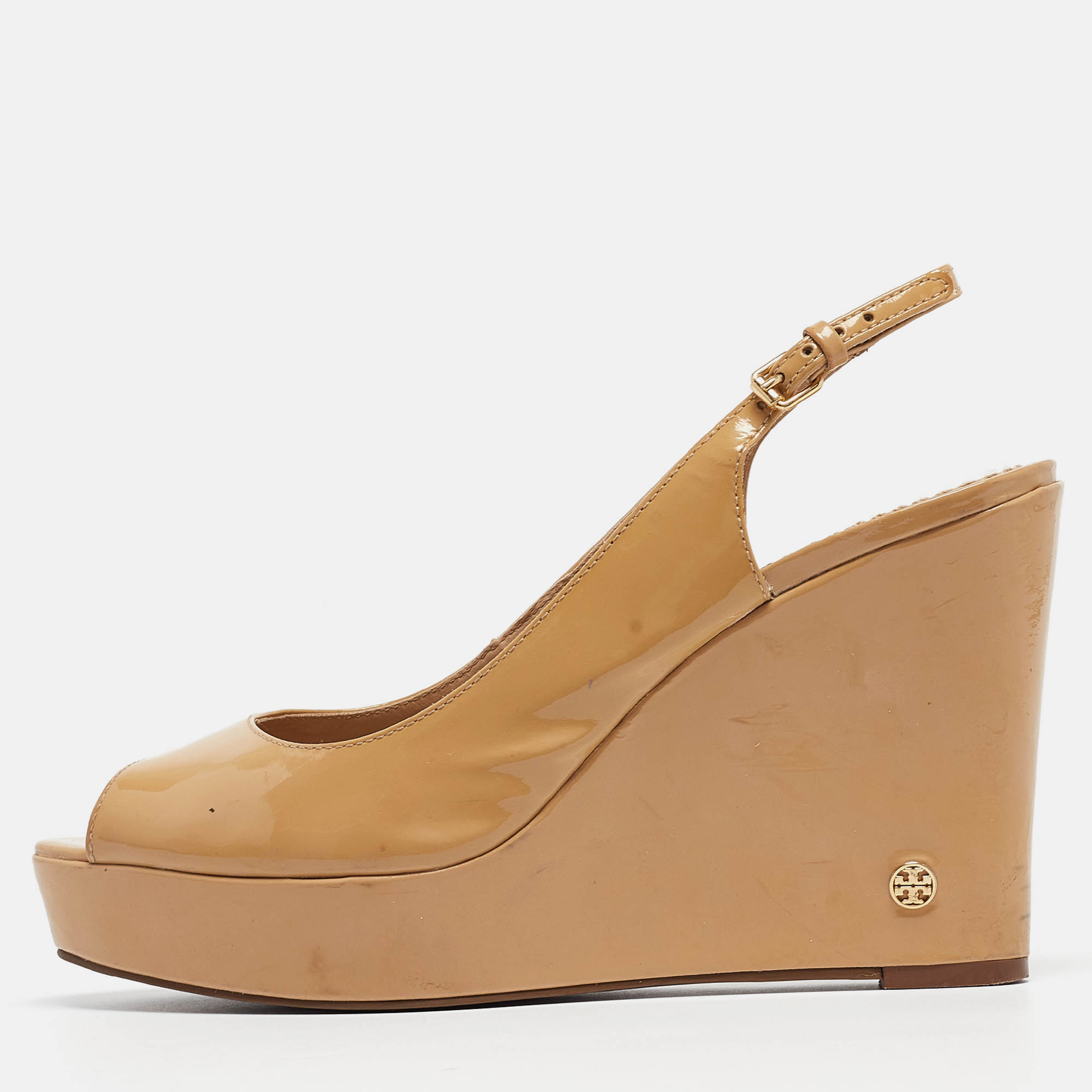 

Tory Burch Beige Patent Leather Slingback Wedge Sandals Size
