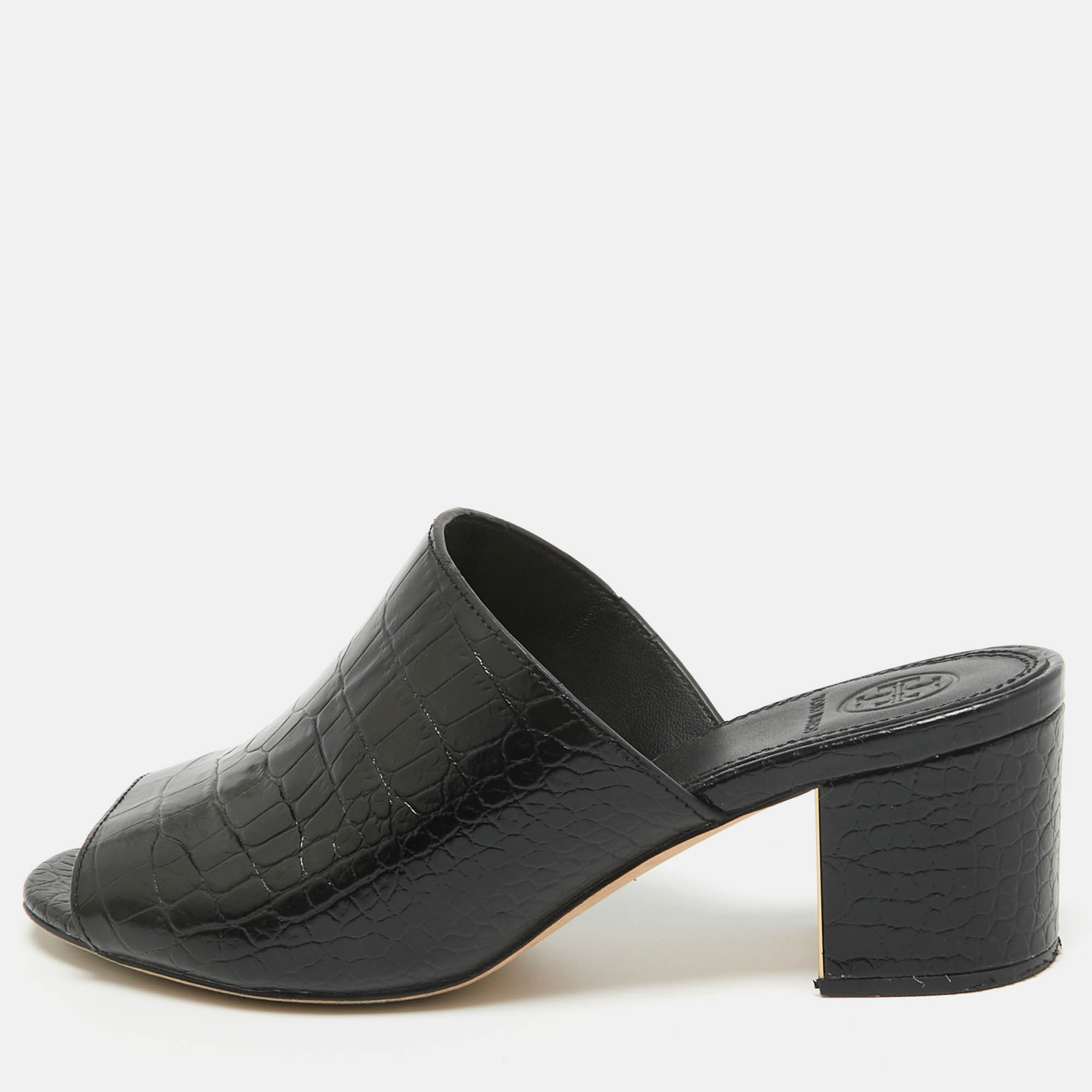 

Tory Burch Black Croc Embossed Leather Mules Size 36.5