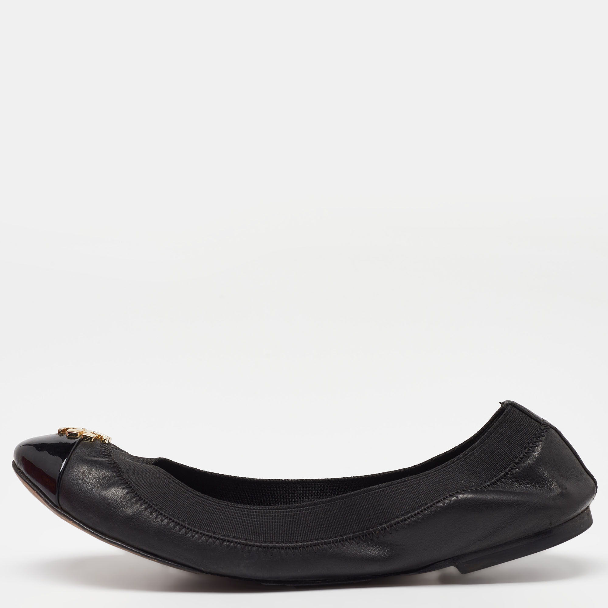 Pre-owned Tory Burch Black Patent And Leather Jolie Scrunch Ballet Flats Size 35.5