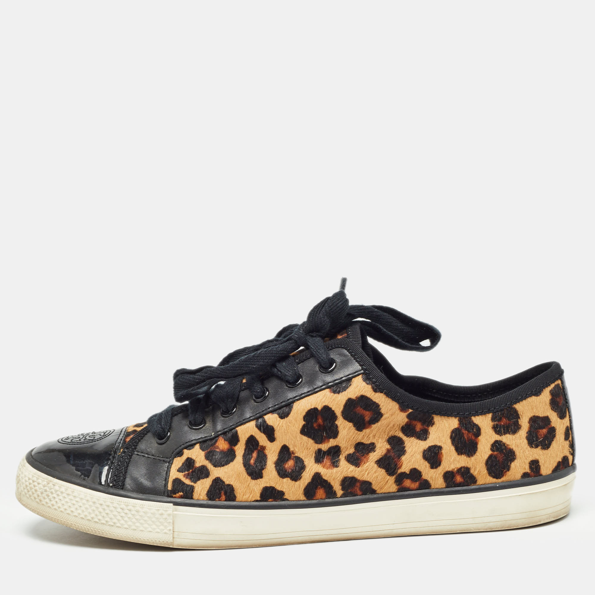 

Tory Burch Brown/Black Animal Print Calf Hair and Leather Low Top Sneakers Size