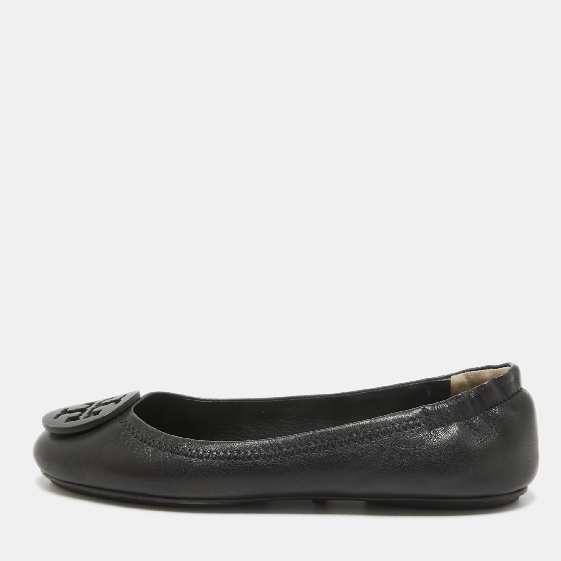 Pre-owned Tory Burch Black Leather Minnie Travel Ballet Flats Size 36