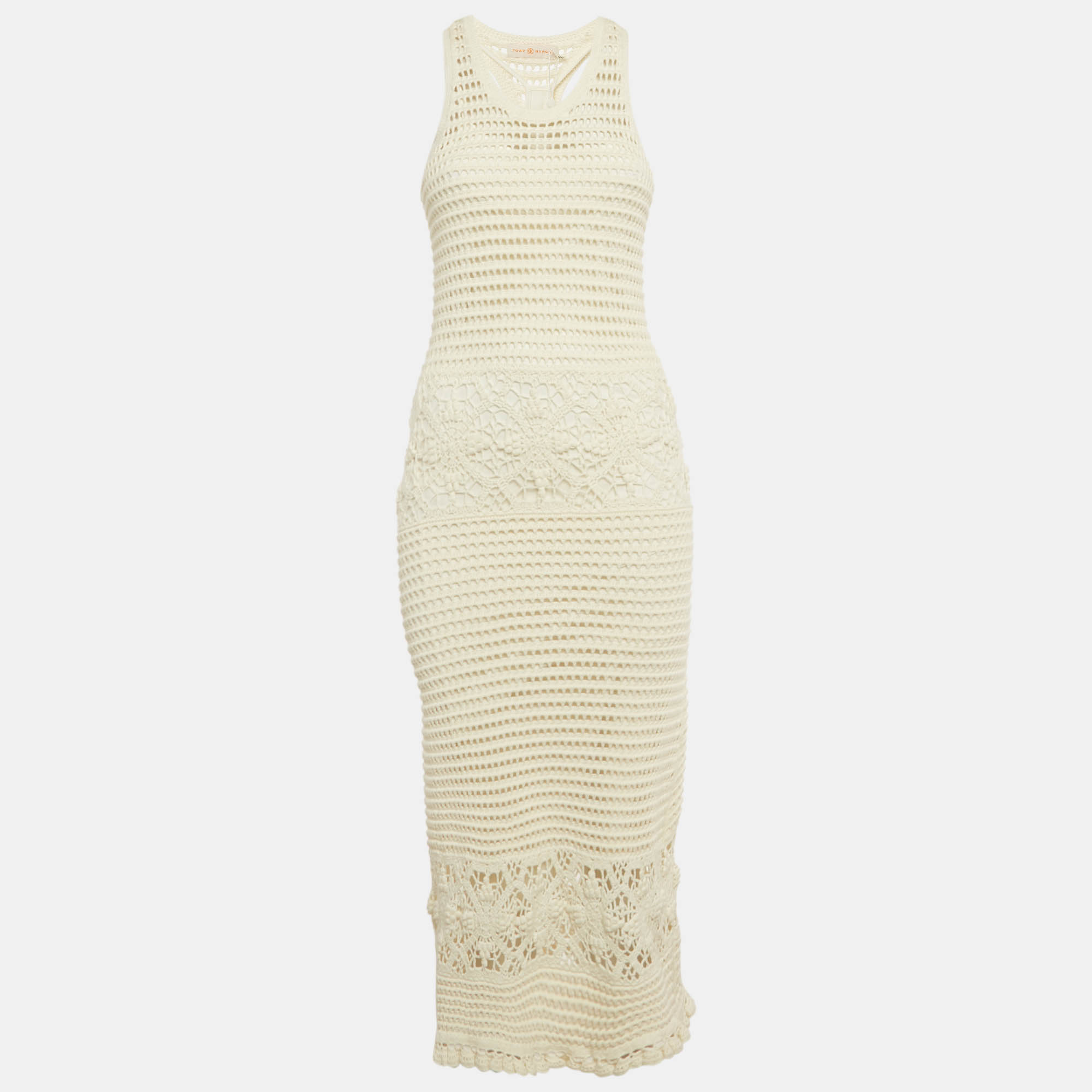 Click to view more detailed imagery on our partner's website Pre-owned Tory Sport Tory Burch White Crochet Sleeveless Midi Dress M