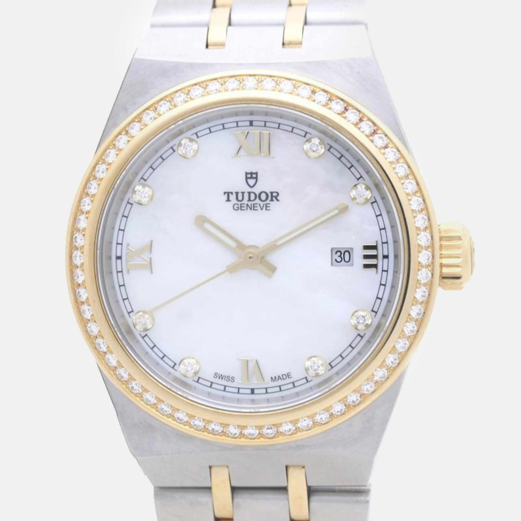 Pre-owned Tudor White Shell 18k Yellow Gold Royal M28323-0001 Automatic Women's Wristwatch 28 Mm