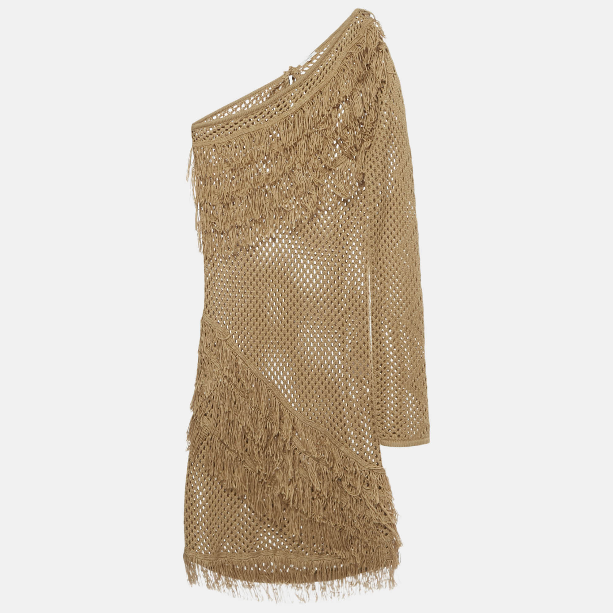Pre-owned Tularosa Tan Crochet One Shoulder Peek A Boo Mini Dress L In Brown