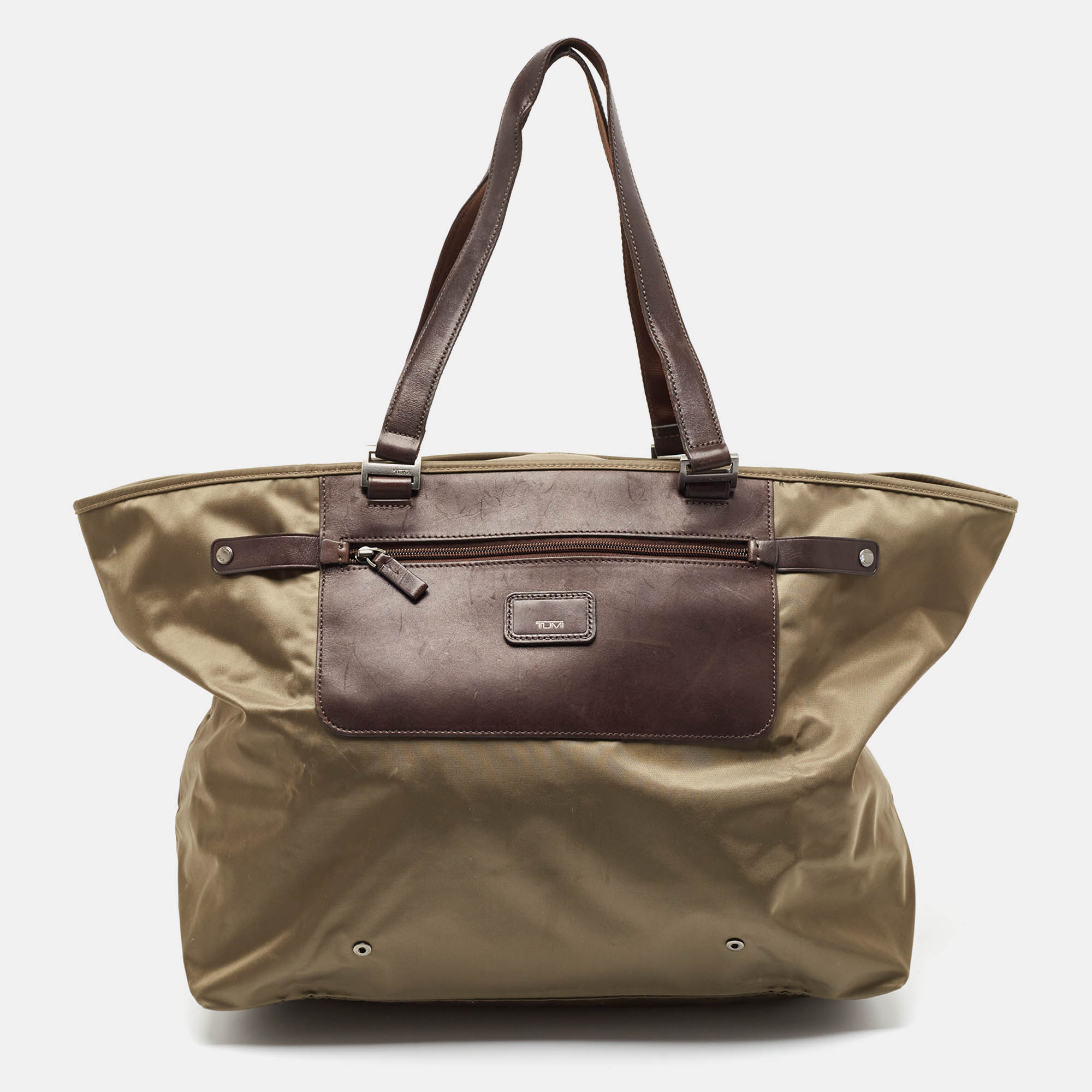 

Tumi Khaki Green/Brown Leather and Nylon Packaway Shopper Tote