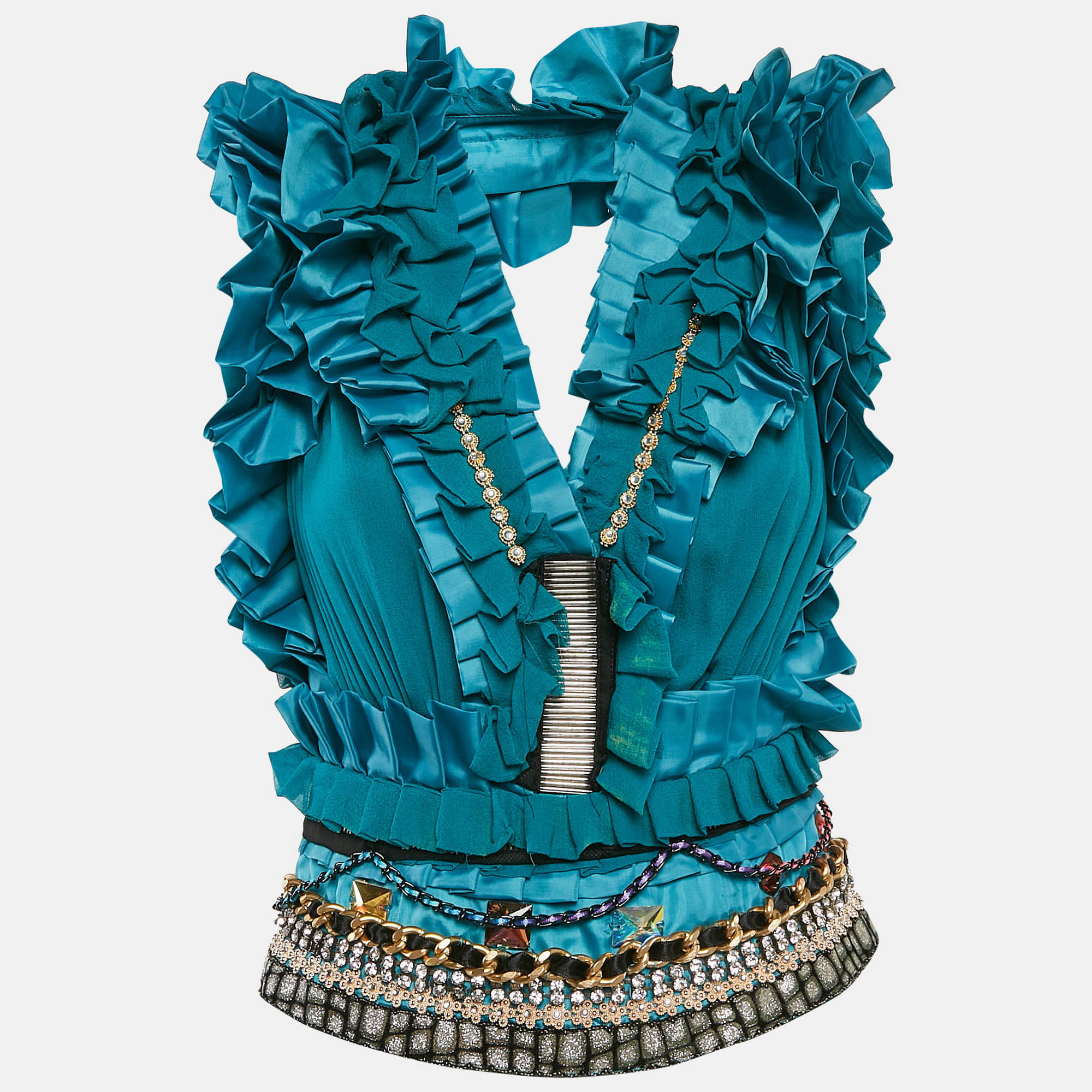 

Tuvanam Blue Crepe Embellished and Ruffled Top M