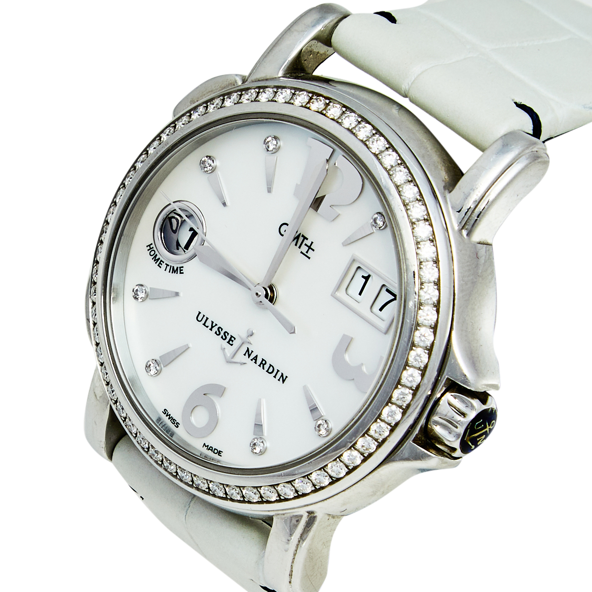 

Ulysse Nardin Mother of Pearl Diamond Stainless Steel Leather GMT ± Big Date, White