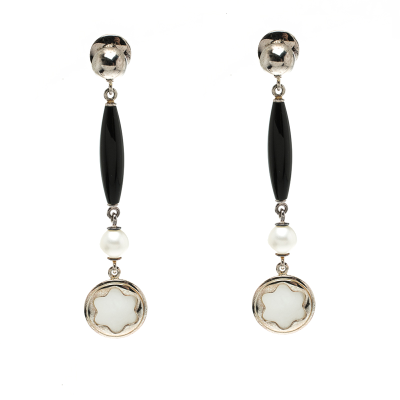 Pre Owned Montblanc Mother of Pearl & Onyx Silver Tone Long Earrings