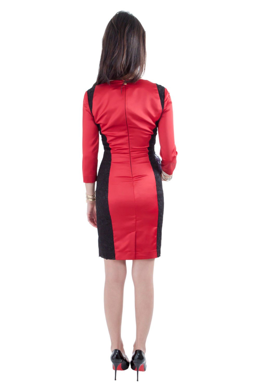 Pre-owned Just Cavalli Dark Red Stretch Satin Contrast Lace Paneled V Neck Sheath Dress S