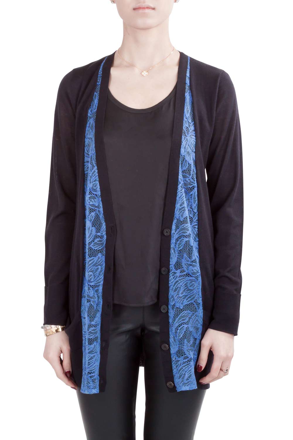 Pre-owned Vera Wang Collection Black And Blue Lace Trim Button Front Cardigan S