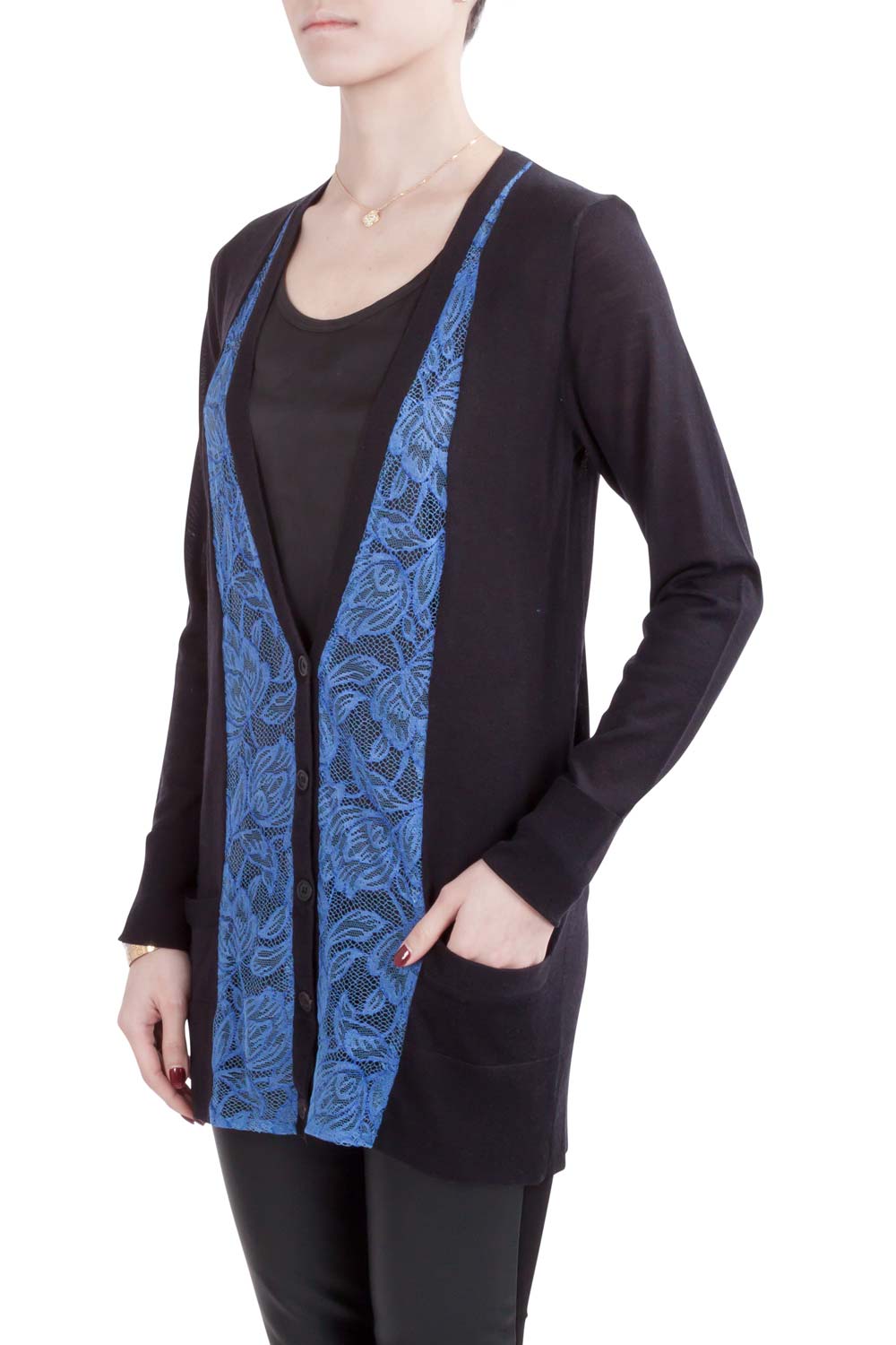 Pre-owned Vera Wang Collection Black And Blue Lace Trim Button Front Cardigan S