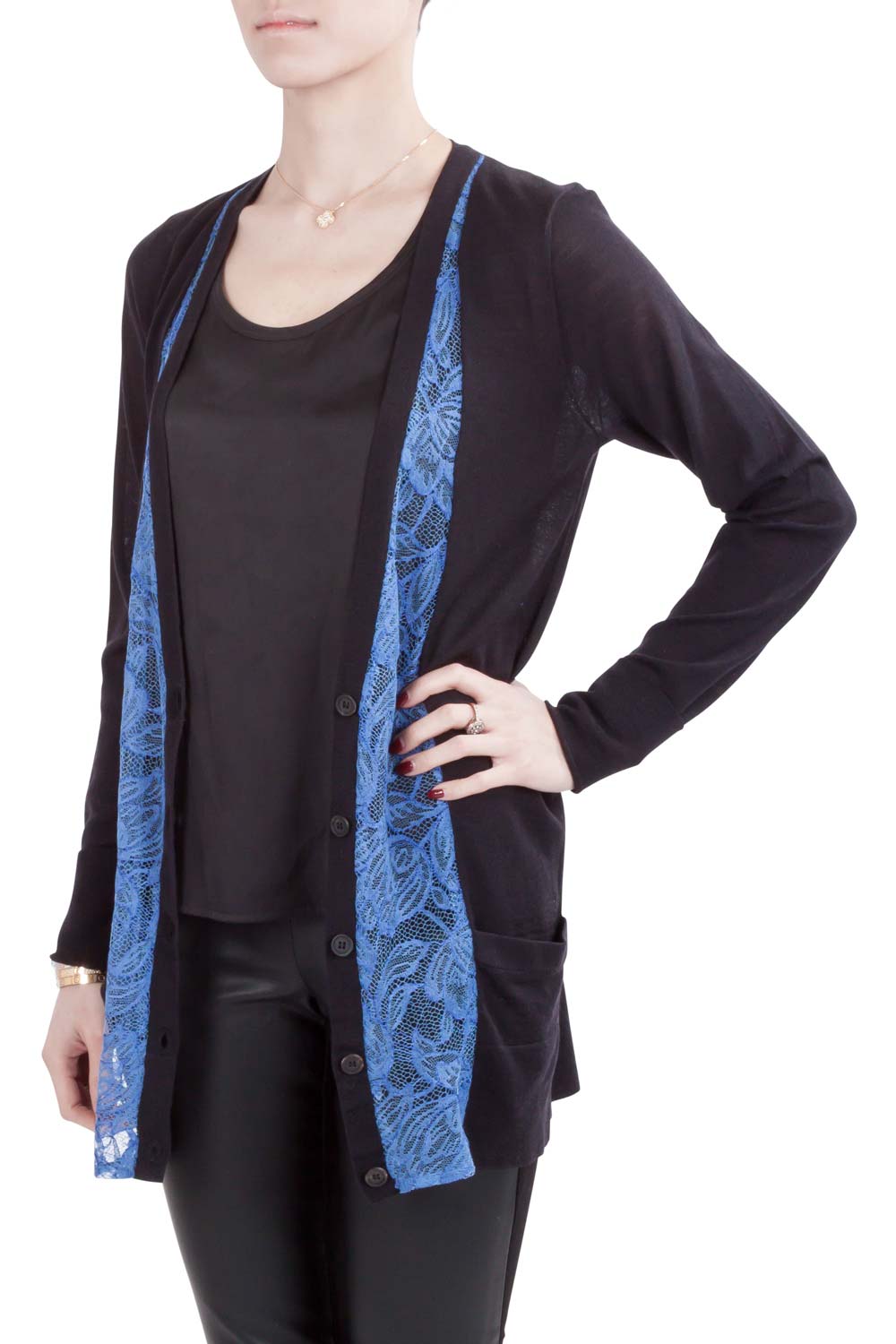 Pre-owned Vera Wang Collection Black And Blue Lace Trim Button Front Cardigan S