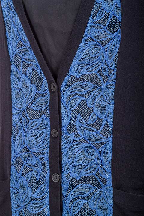 Pre-owned Vera Wang Collection Black And Blue Lace Trim Button Front Cardigan S