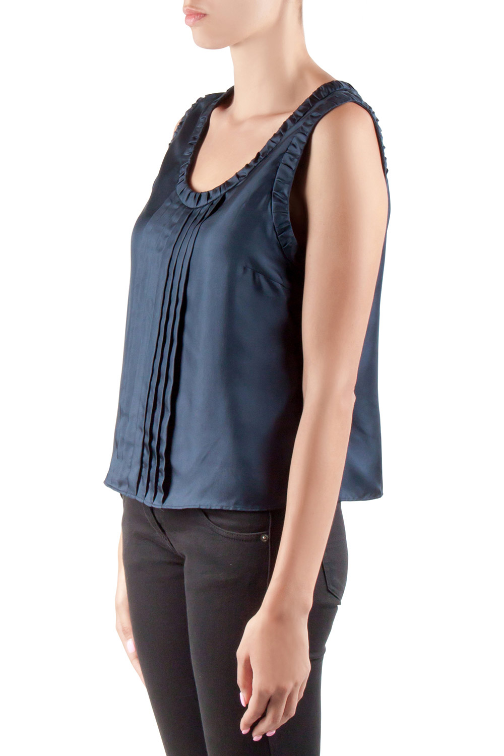 

Salvatore Ferragamo Blue Silk Pleated Sleeveless Top, Navy blue