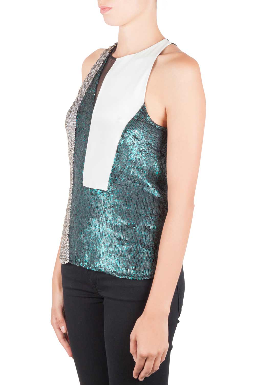

3.1 Phillip Lim Multicolor Sequin Paneled Sheer Insert Sleeveless Cocktail Top