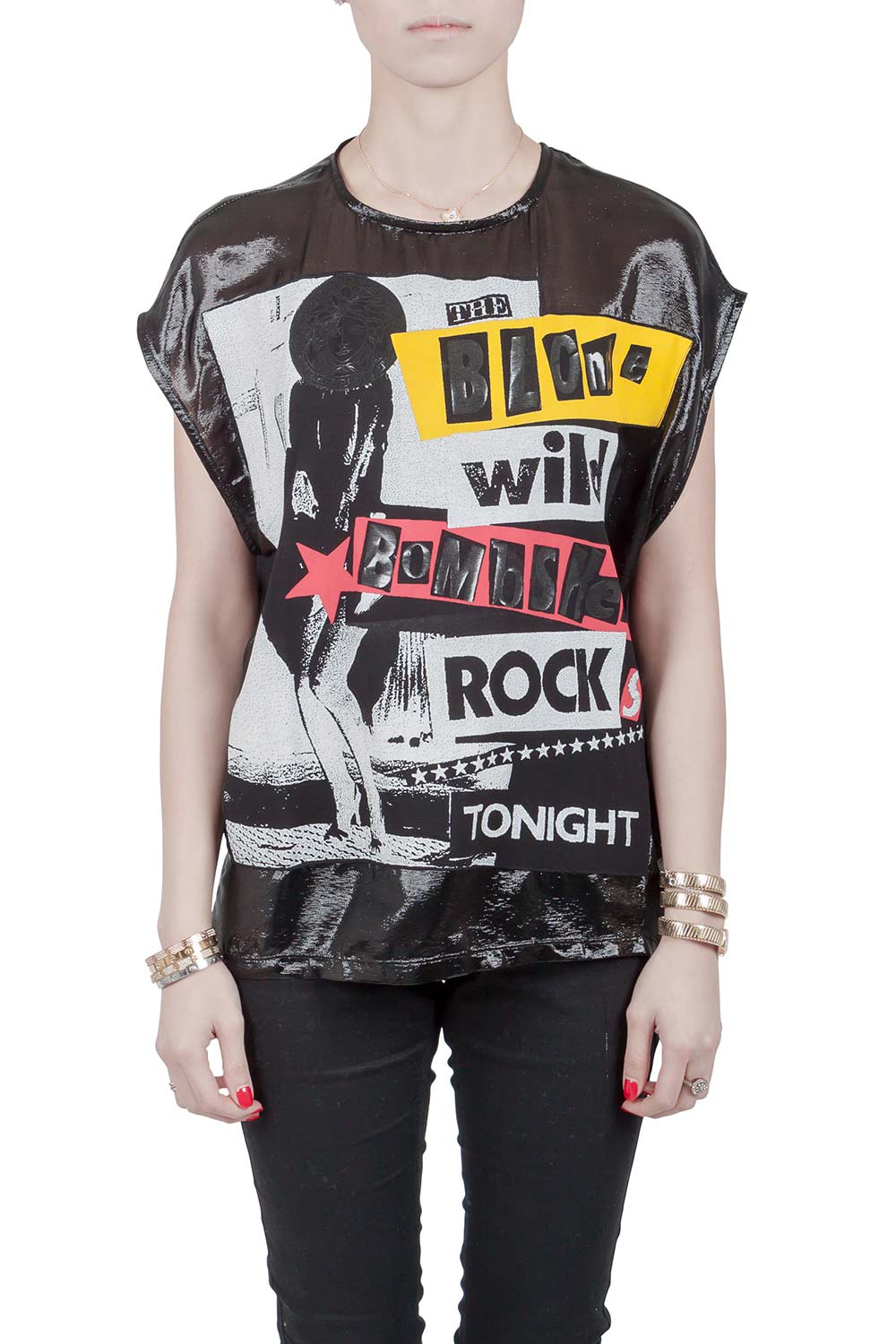 Pre Owned Versace Metallic Black The Blonde Wild Bombshell Rocks Tonight Print T Shirt S 