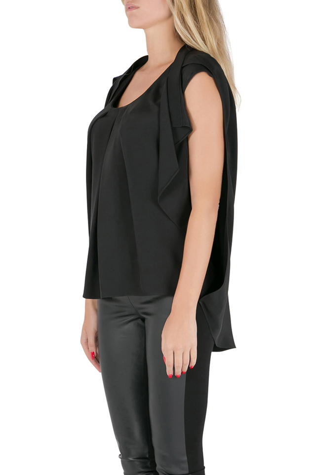 

Oscar De La Renta Black Silk Pleated Draped Front Sleeveless Top