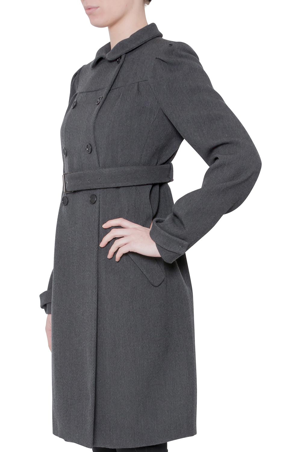 

Miu Miu Dark Grey Twill Wool Double Breasted Belted Long Coat